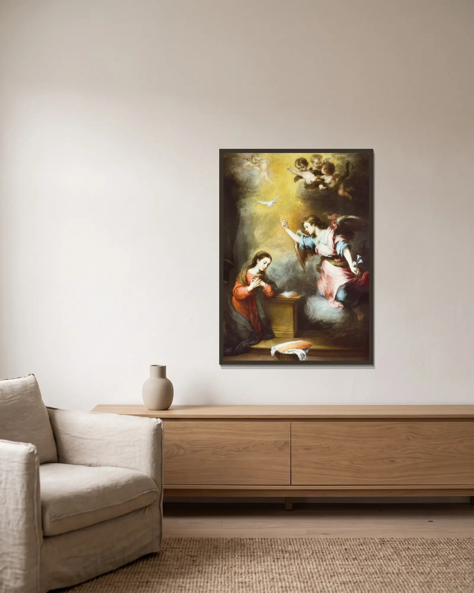 The Annunciation av Bartolomé Estebán Murillo inramad på en vägg