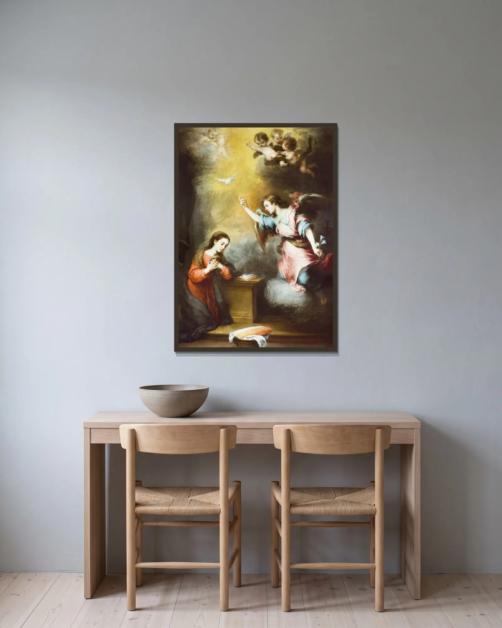 The Annunciation av Bartolomé Estebán Murillo inramad på en vägg
