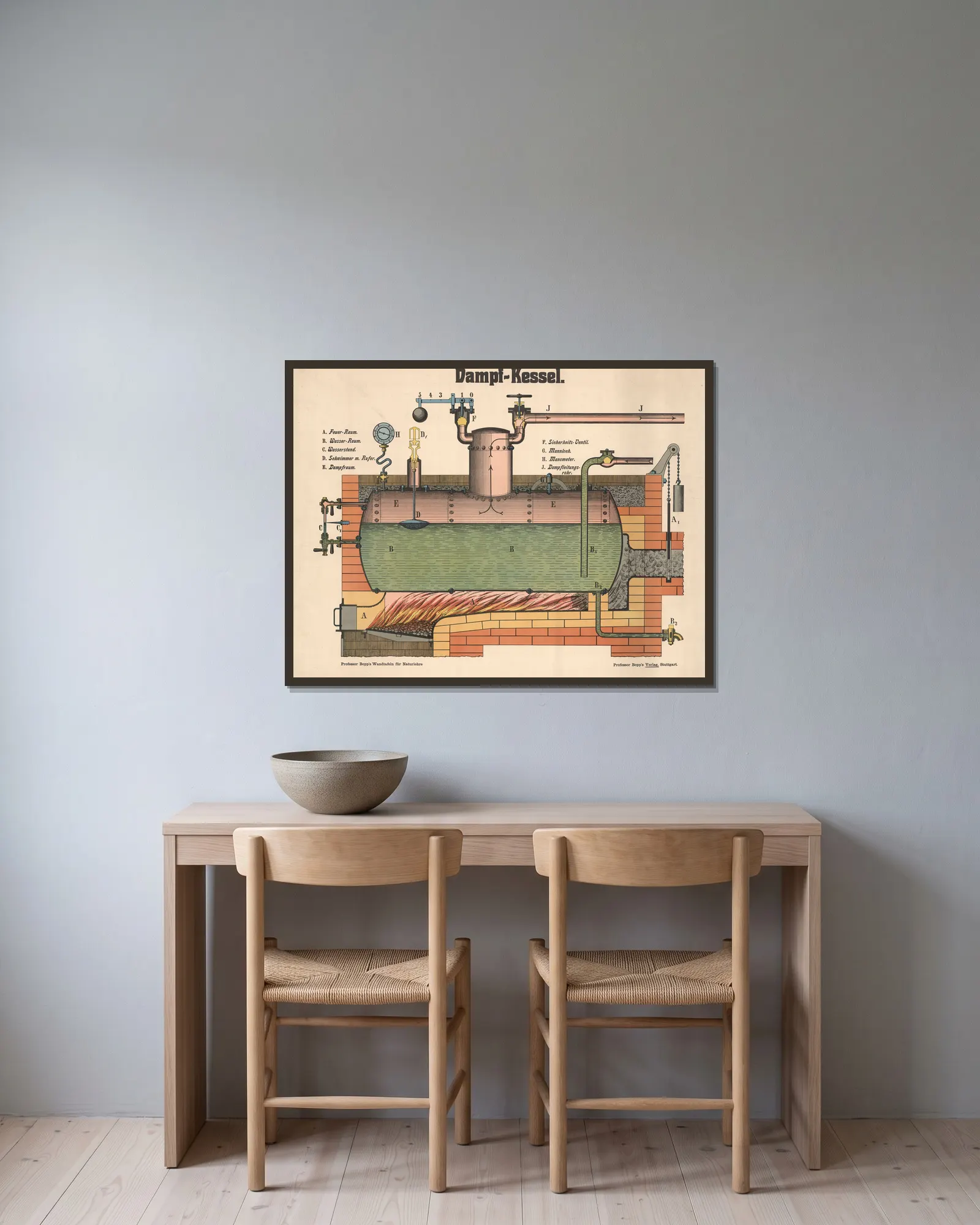 Steam boiler av J.F. Schreiber inramad på en vägg