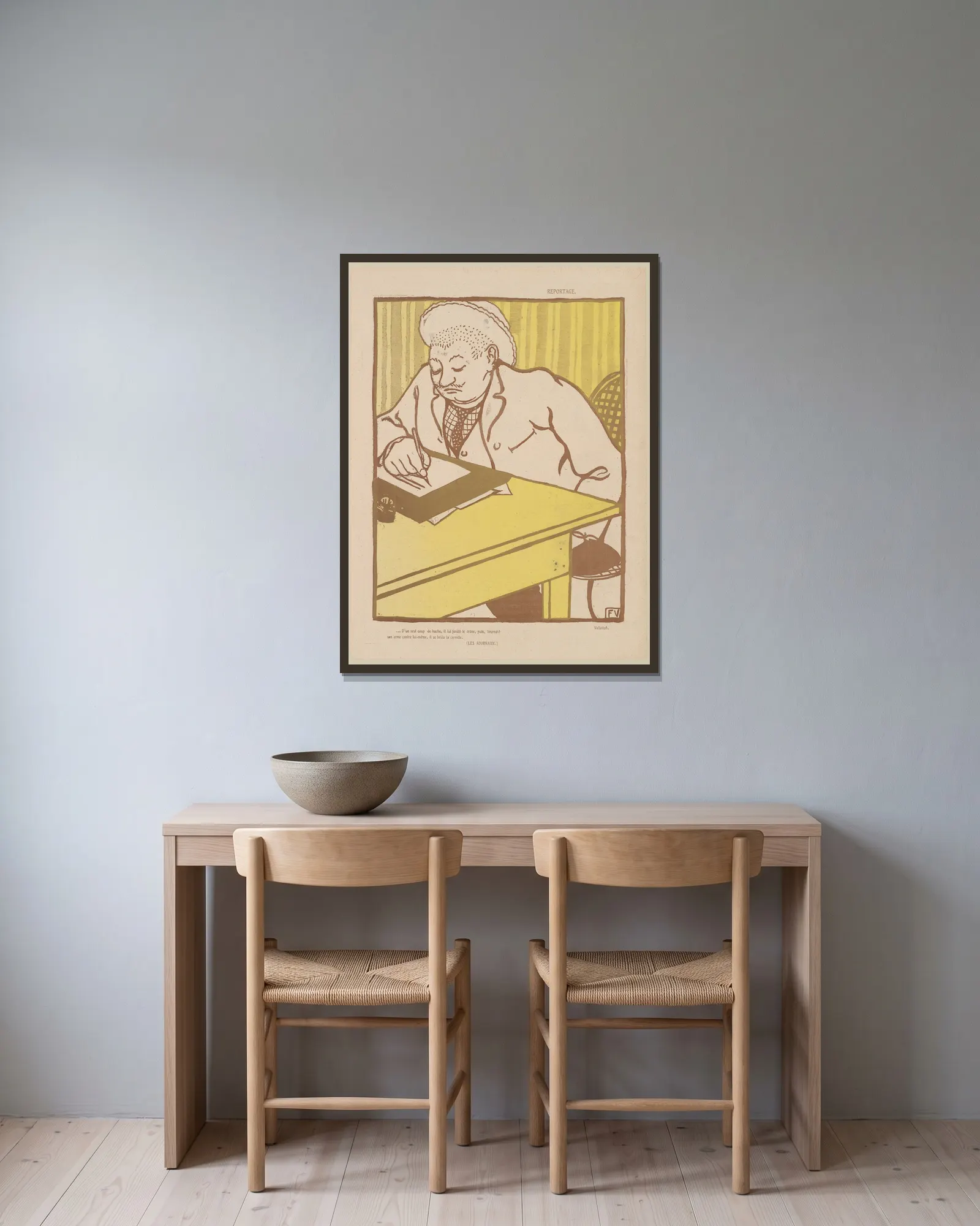 Reportage av Félix Vallotton inramad på en vägg