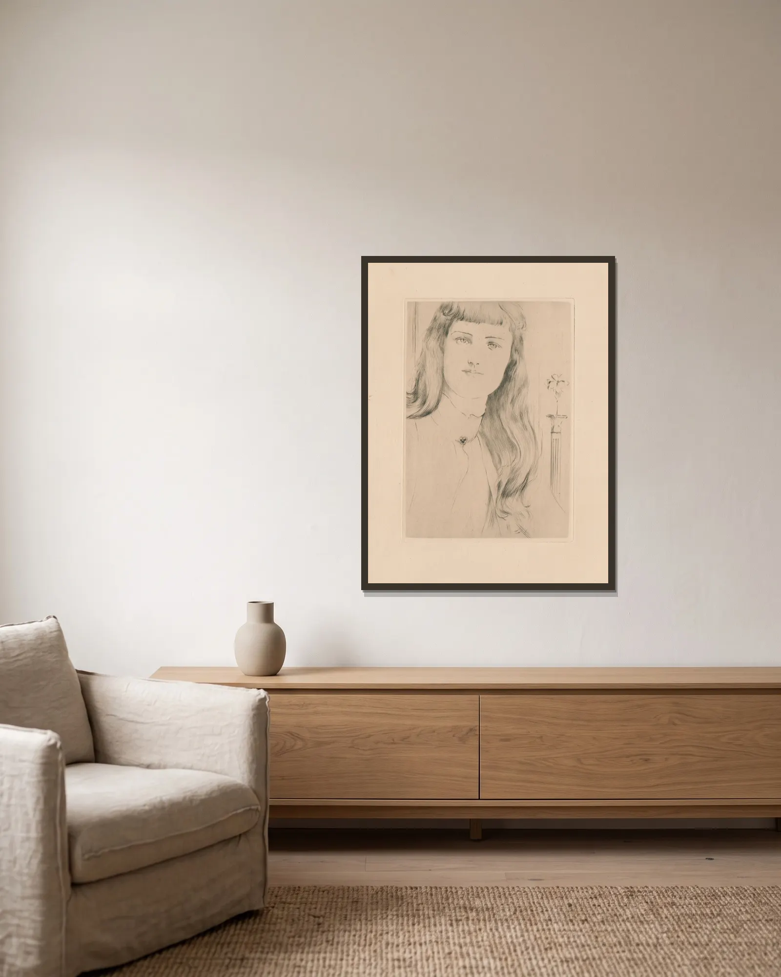 Haarstudie av Fernand Khnopff inramad på en vägg