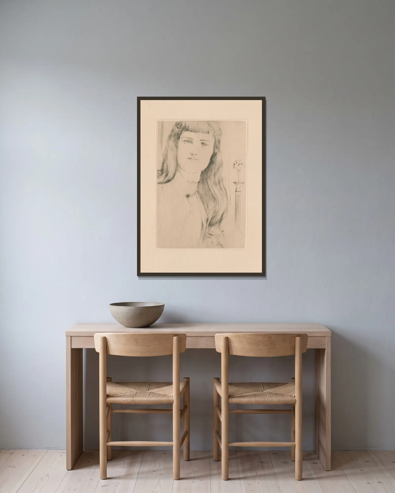 Haarstudie av Fernand Khnopff inramad på en vägg
