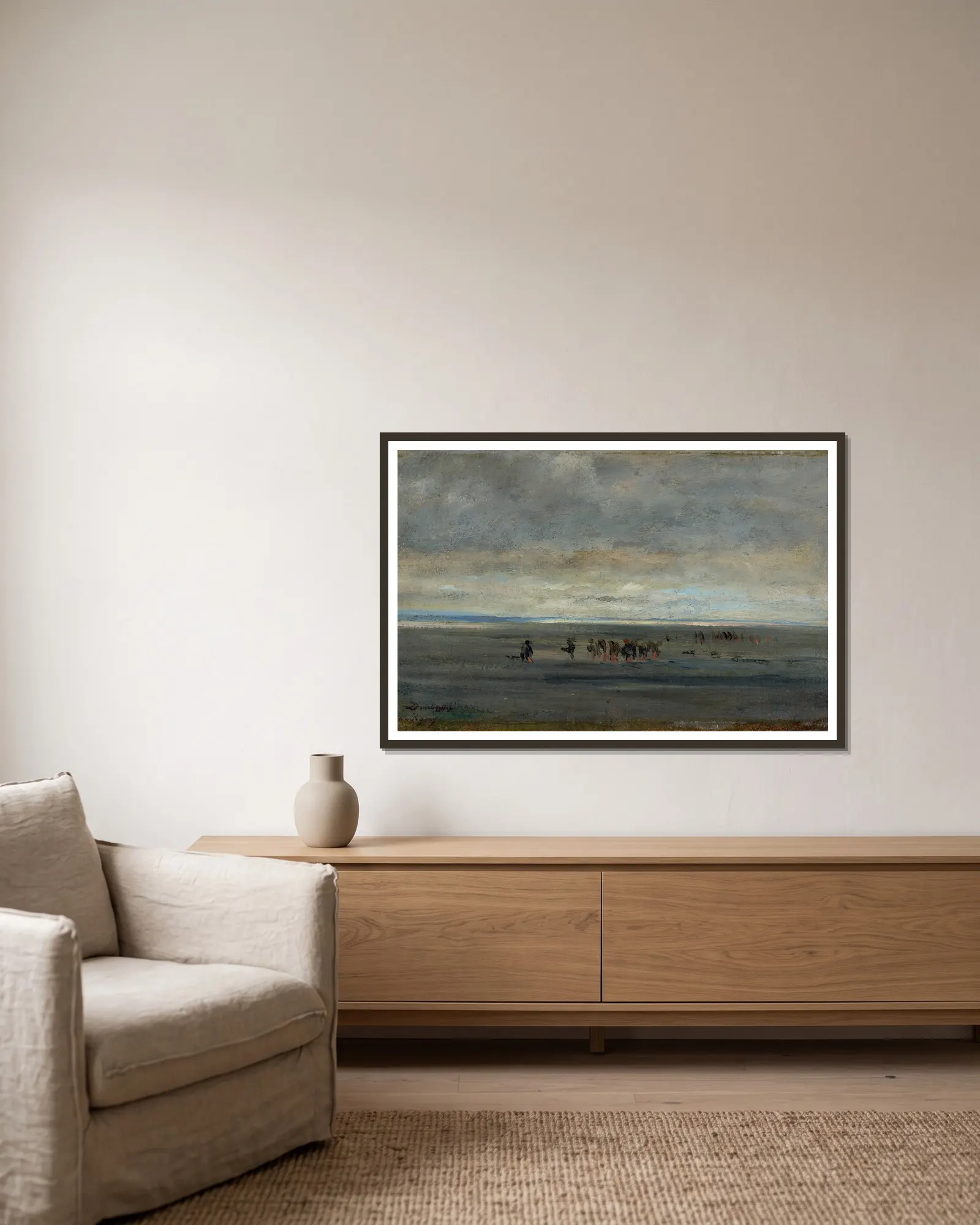 Clam Diggers av Charles François Daubigny inramad på en vägg