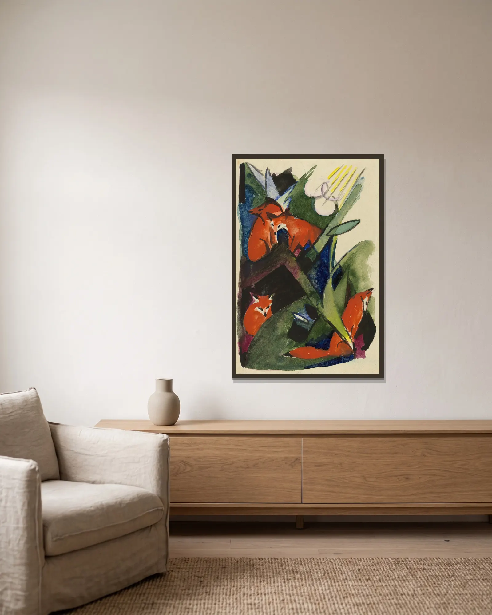 Four foxes av Franz Marc inramad på en vägg