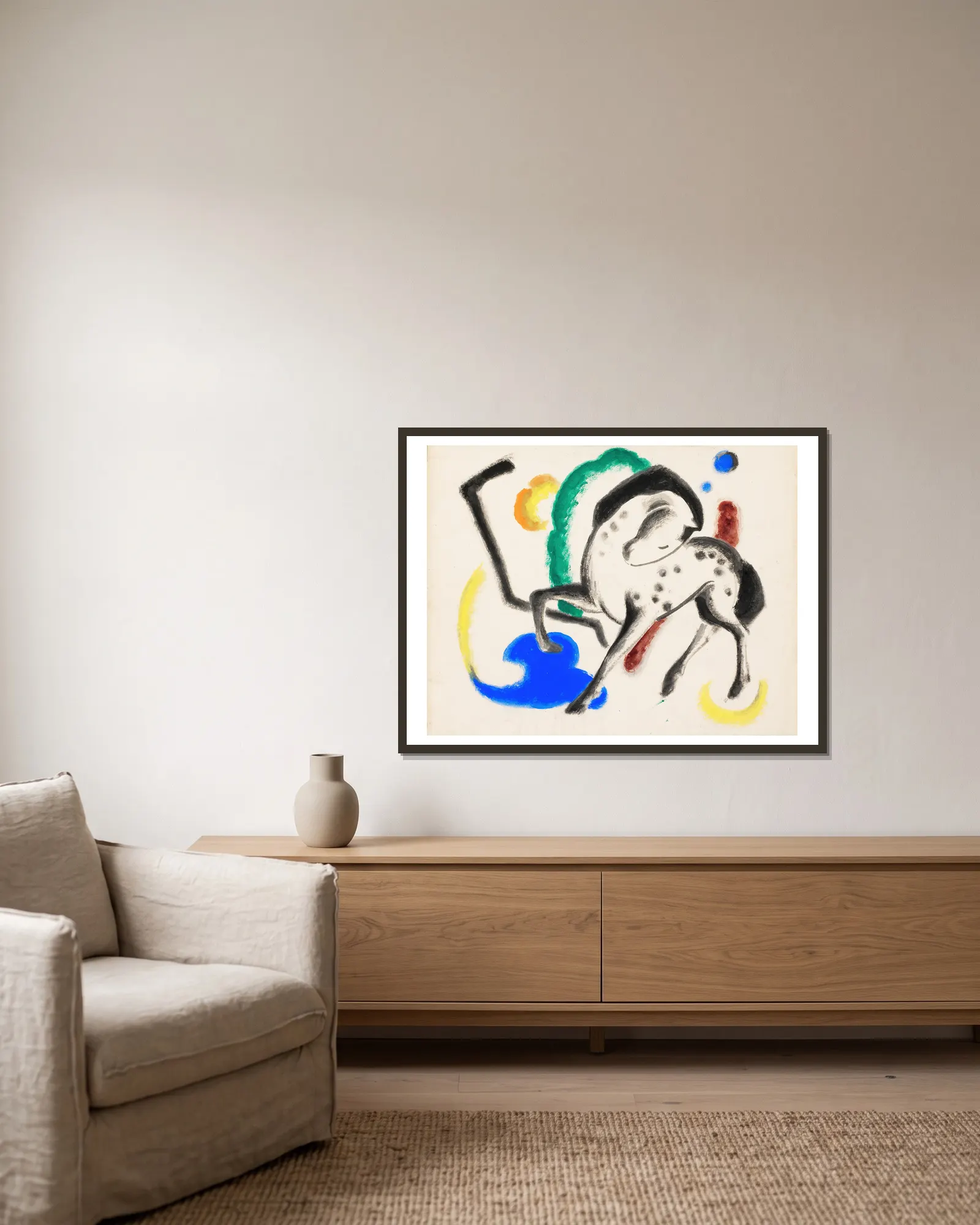 Pferd av Franz Marc inramad på en vägg