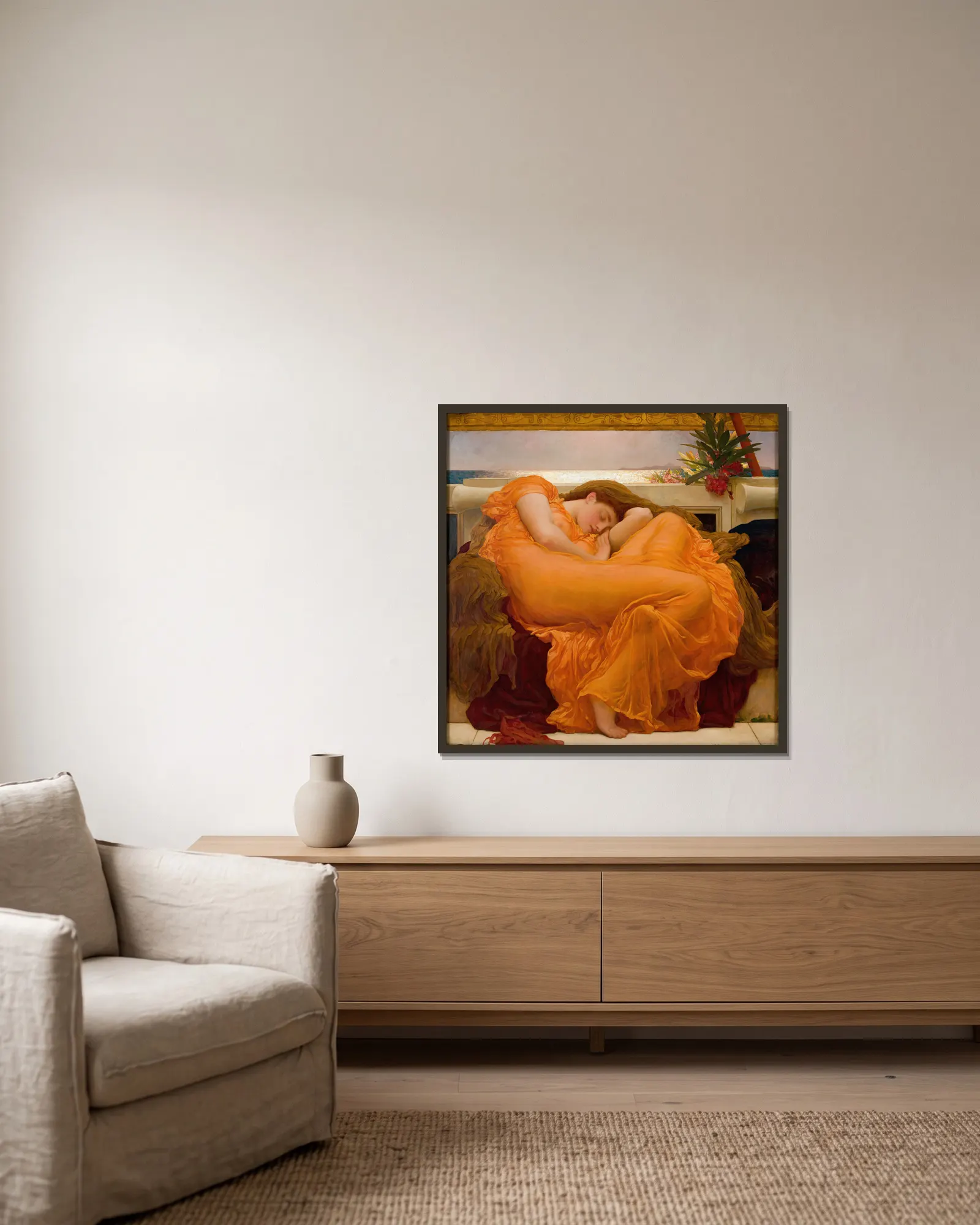 Flaming June av Frederic Leighton inramad på en vägg