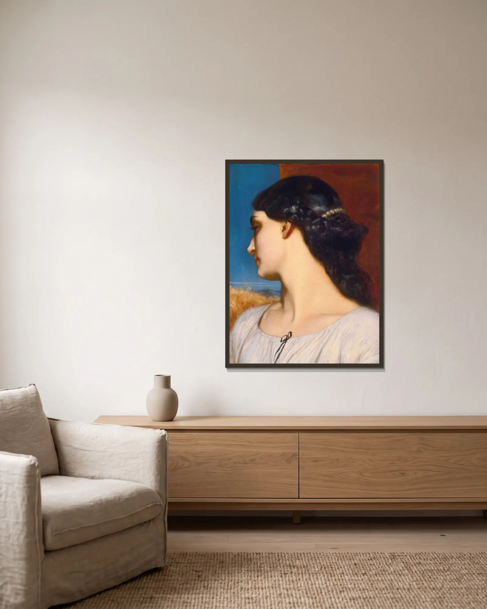 La Nanna (Sunny Hours) av Frederic Leighton inramad på en vägg