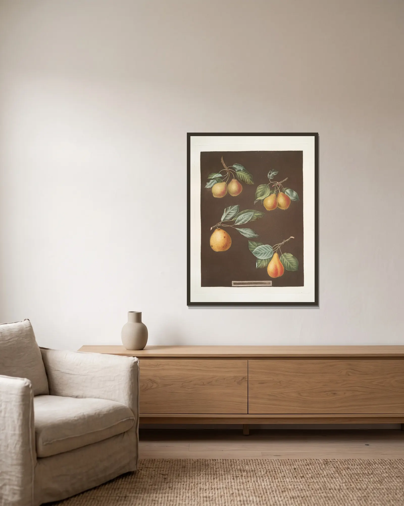 Apples (Pomme d’Apt, Courpendu Blanche, Royal Nonsuch, Margill and the Summer Nonsuch varities). av George Brookshaw inramad på en vägg