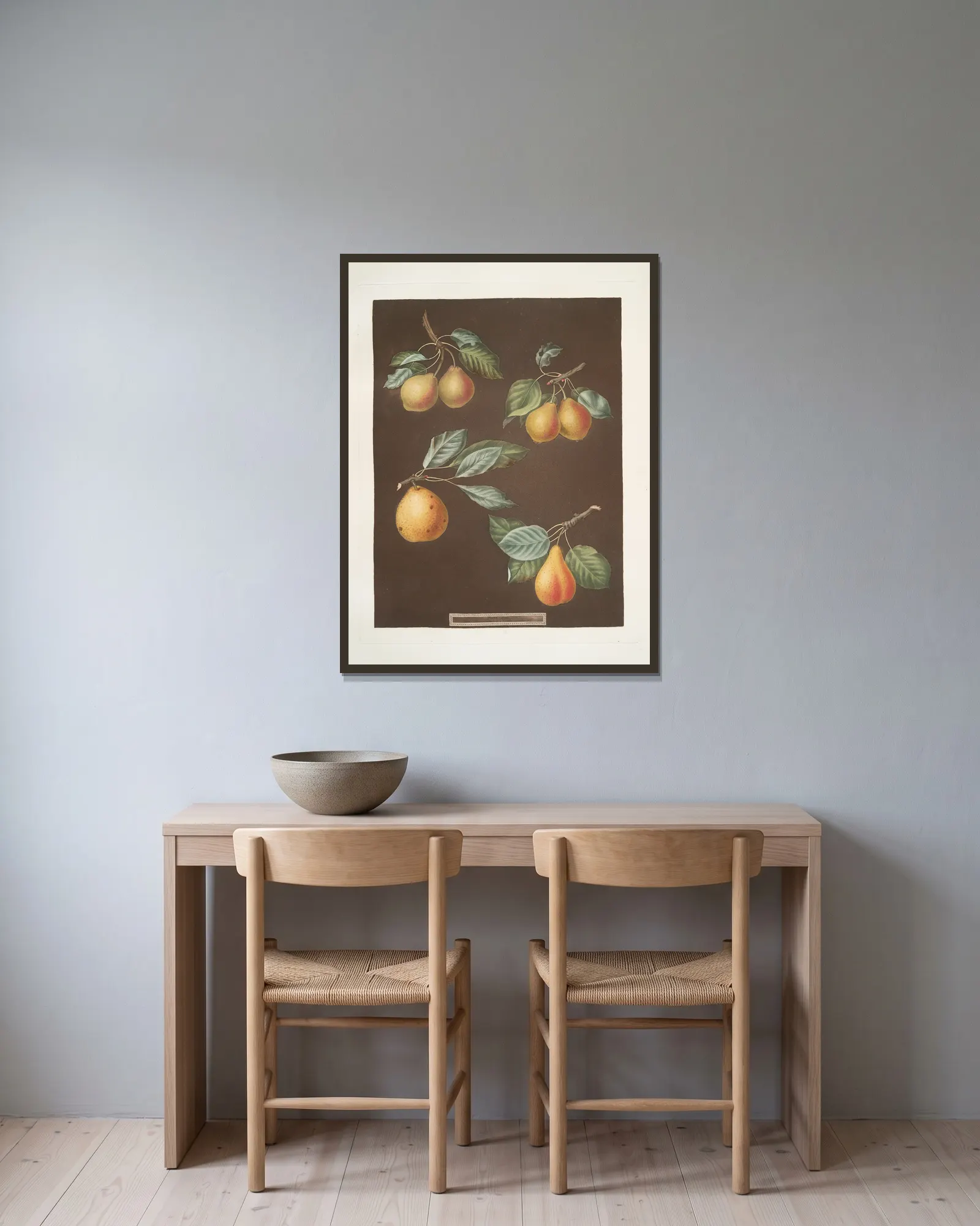 Apples (Pomme d’Apt, Courpendu Blanche, Royal Nonsuch, Margill and the Summer Nonsuch varities). av George Brookshaw inramad på en vägg