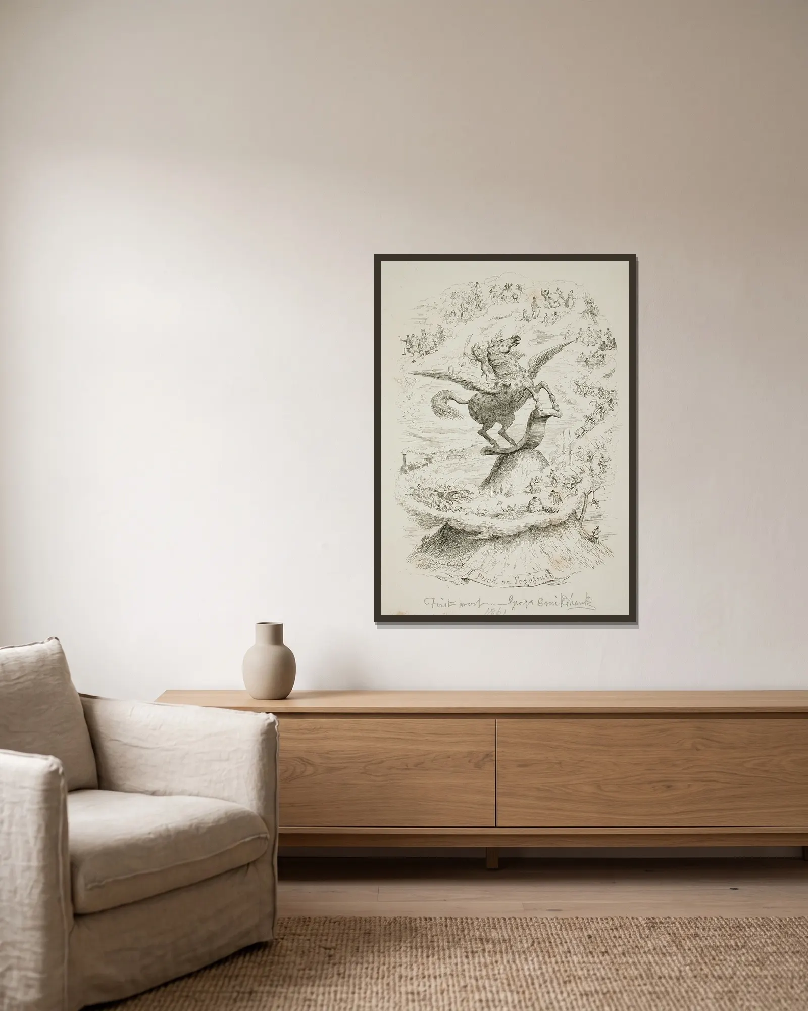 Puck on Pegasus av George Cruikshank inramad på en vägg