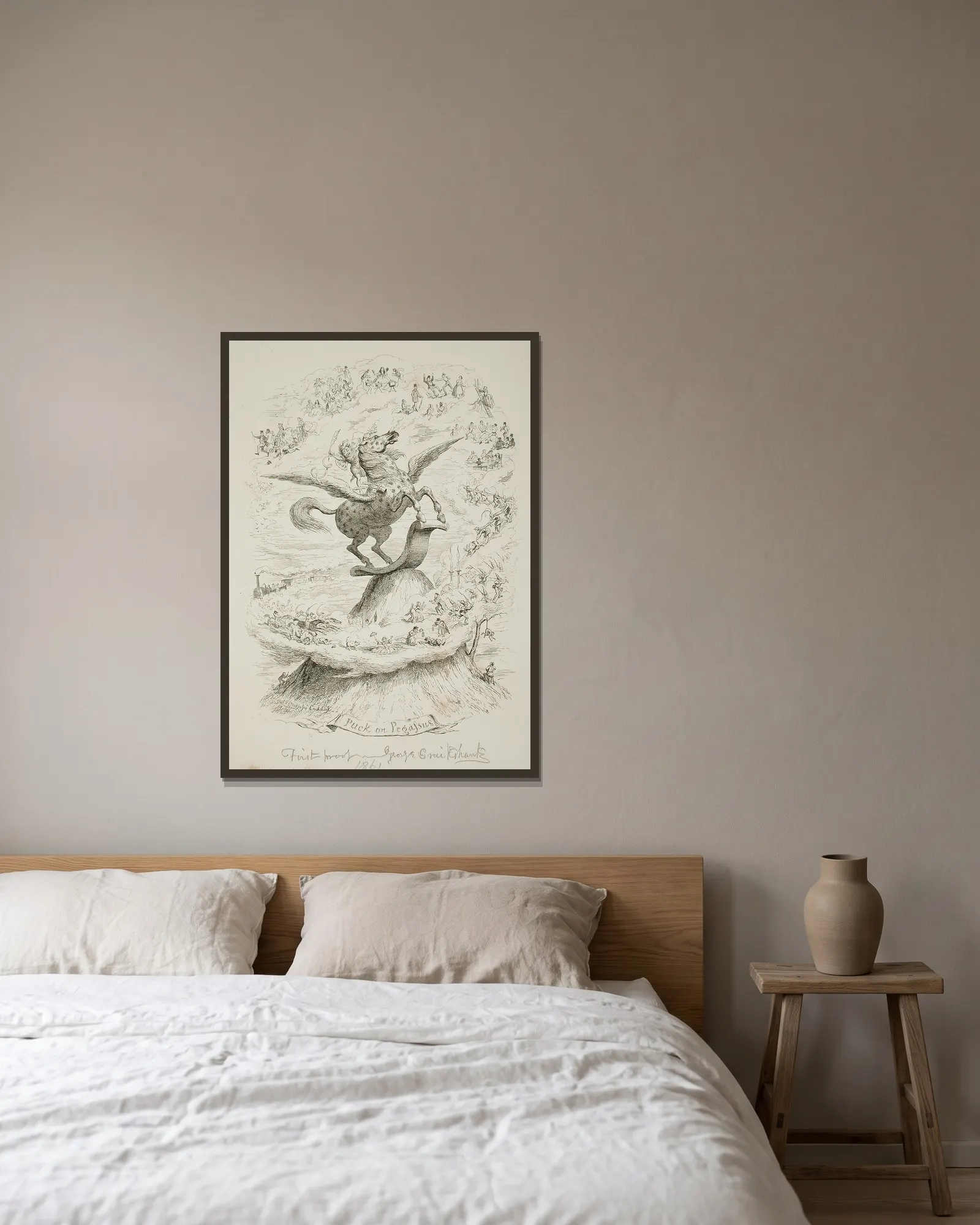 Puck on Pegasus av George Cruikshank inramad på en vägg