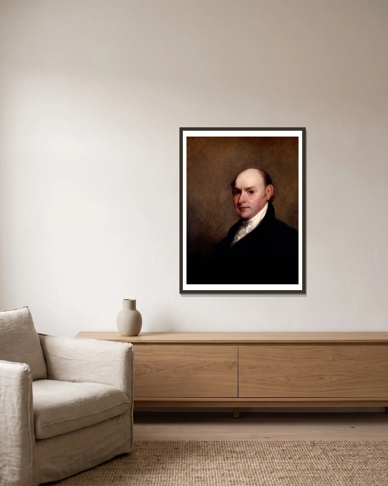 John Quincy Adams av Gilbert Stuart inramad på en vägg
