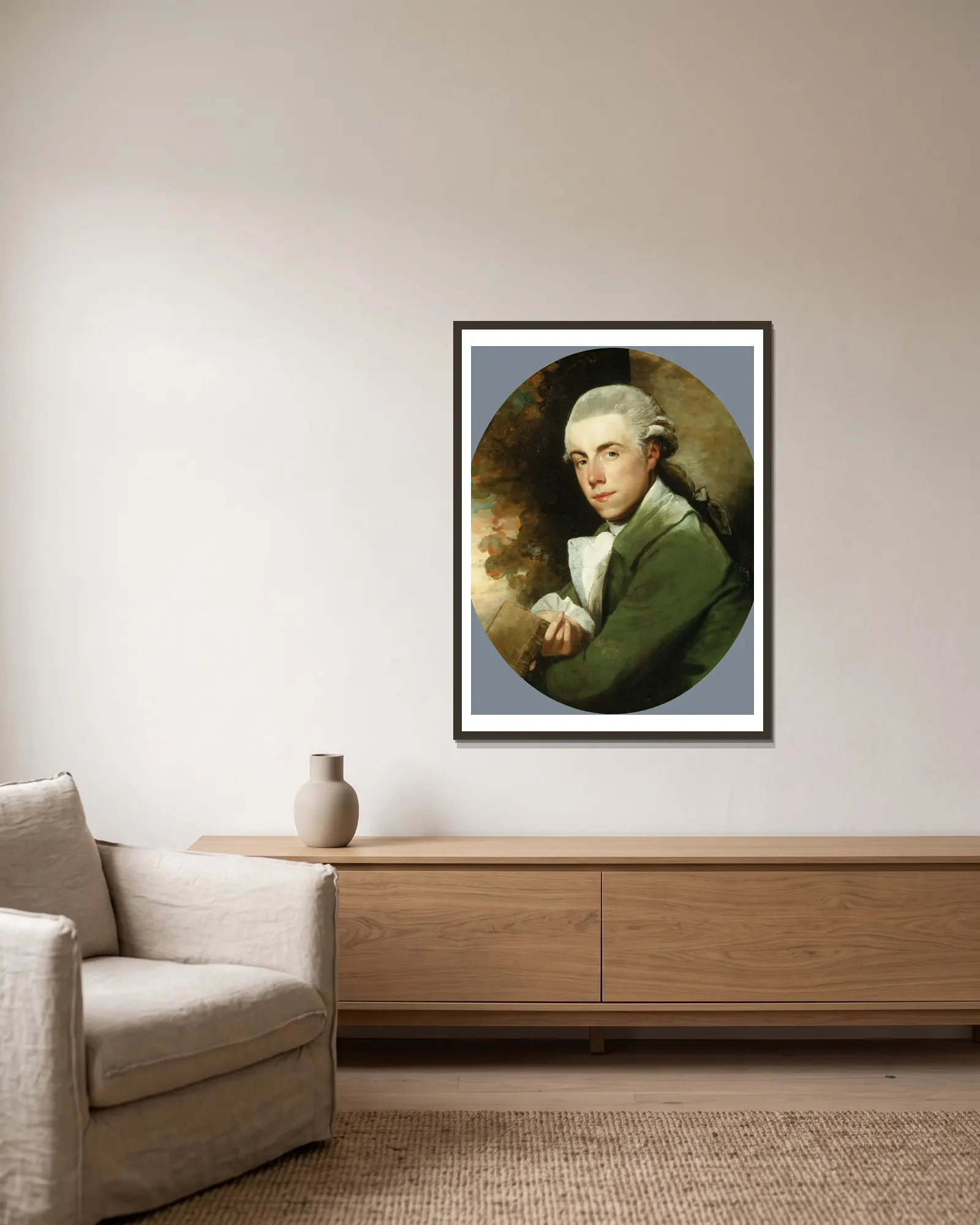 Man in a Green Coat av Gilbert Stuart inramad på en vägg