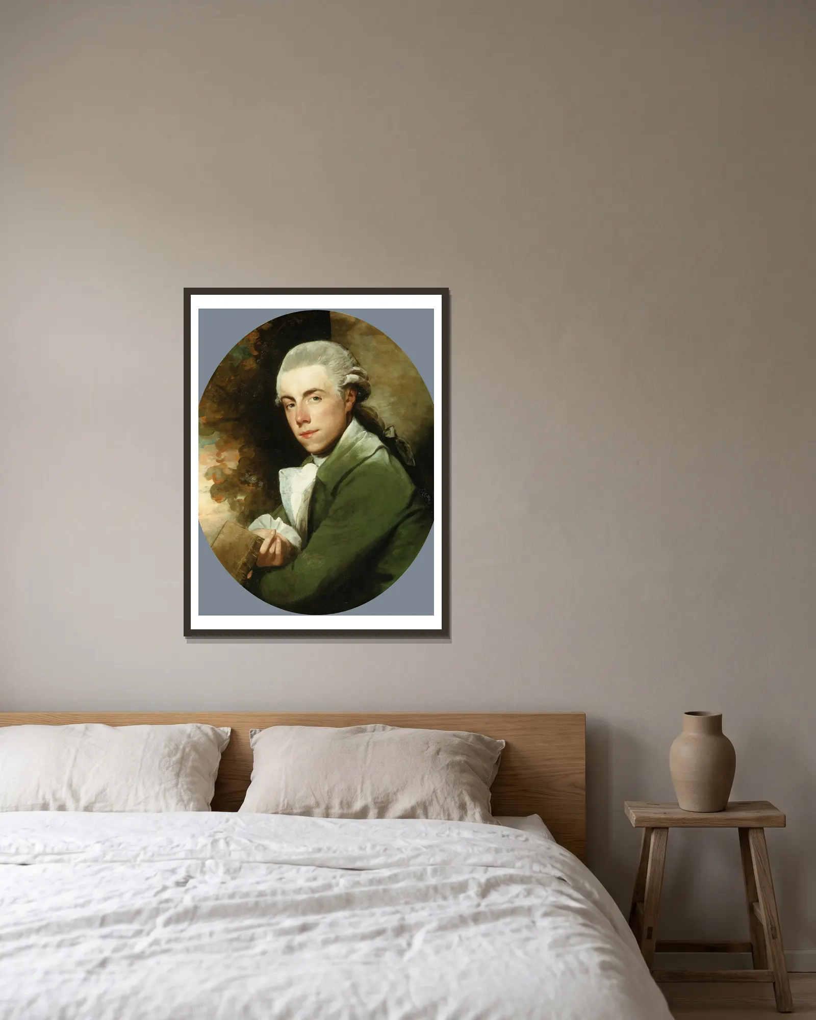 Man in a Green Coat av Gilbert Stuart inramad på en vägg
