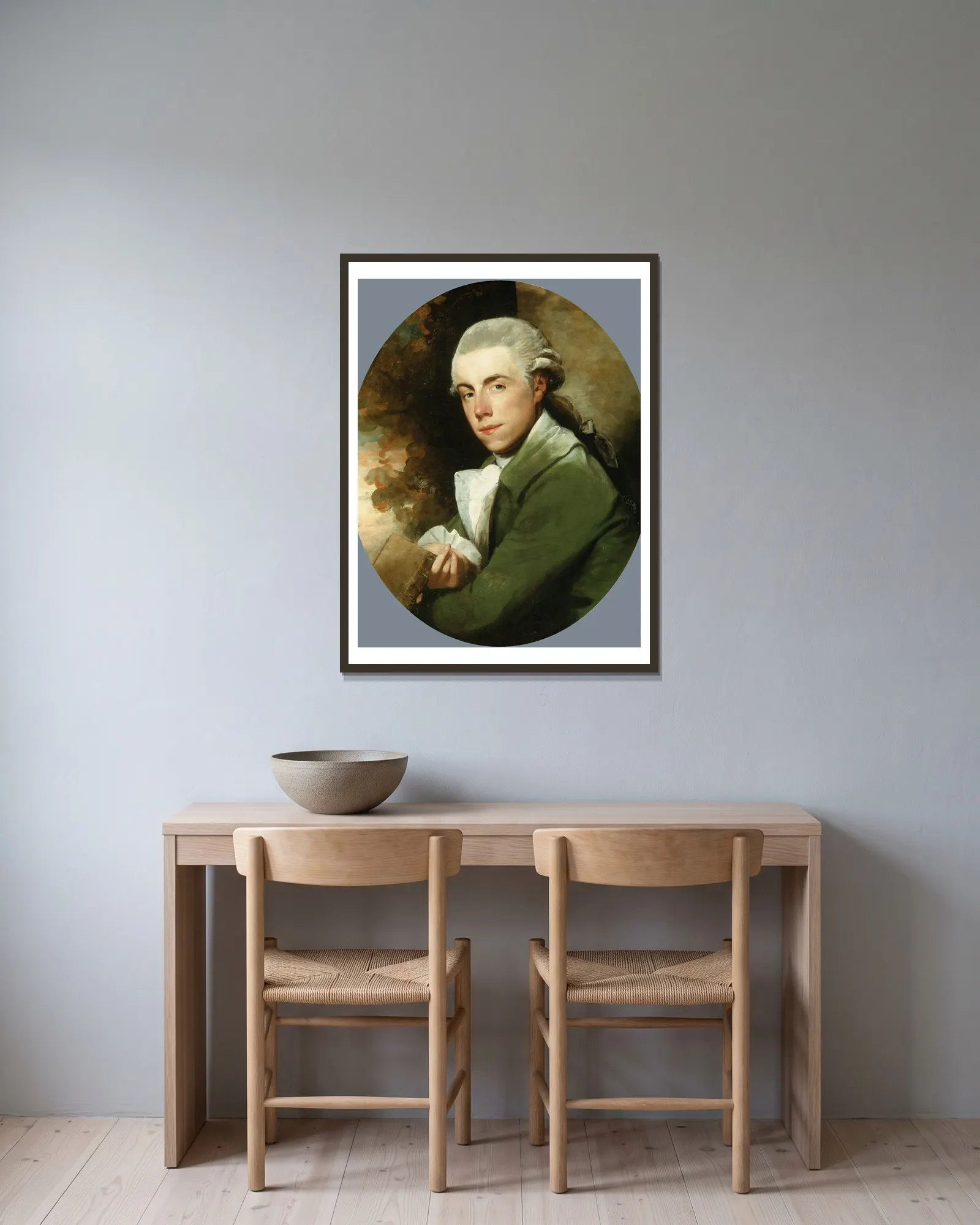 Man in a Green Coat av Gilbert Stuart inramad på en vägg