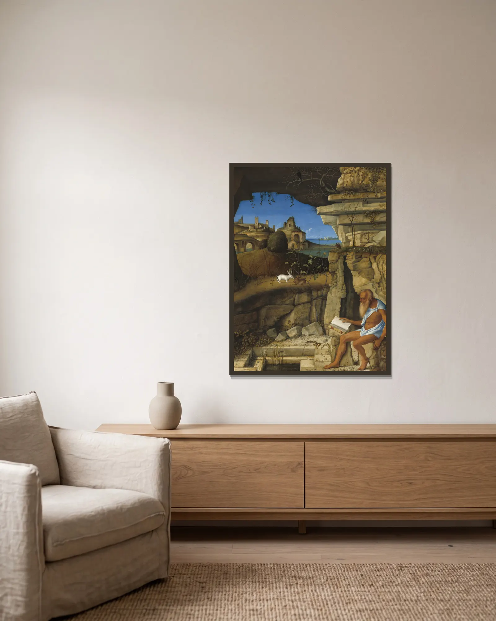 Saint Jerome Reading av Giovanni Bellini inramad på en vägg