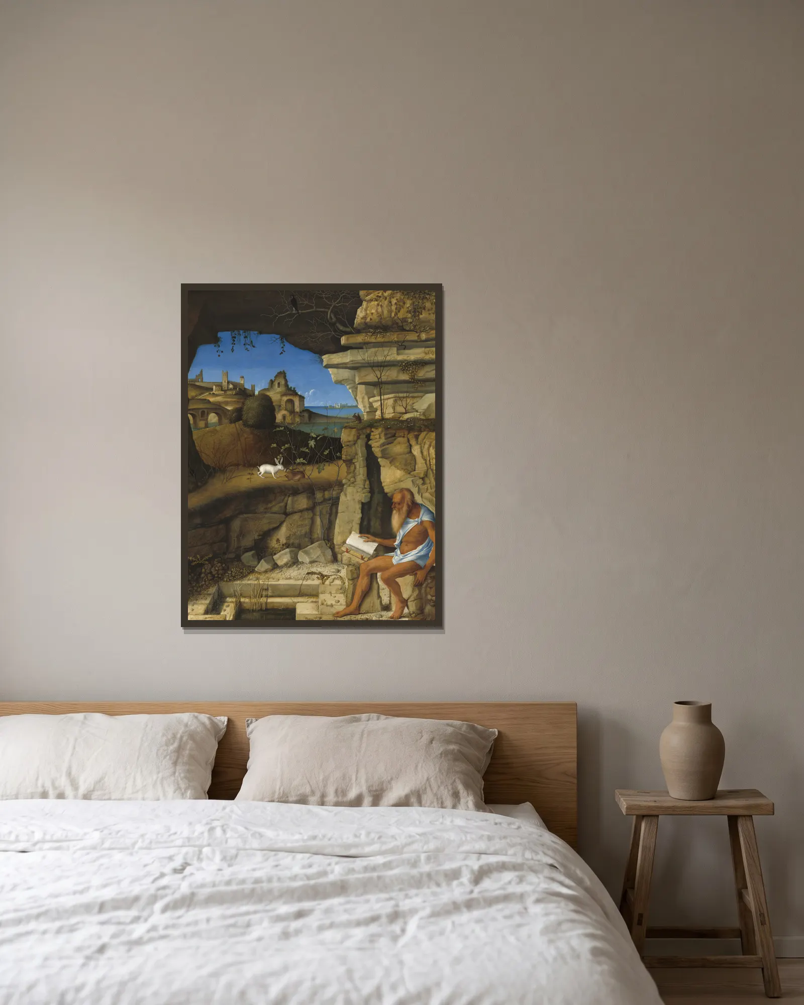 Saint Jerome Reading av Giovanni Bellini inramad på en vägg