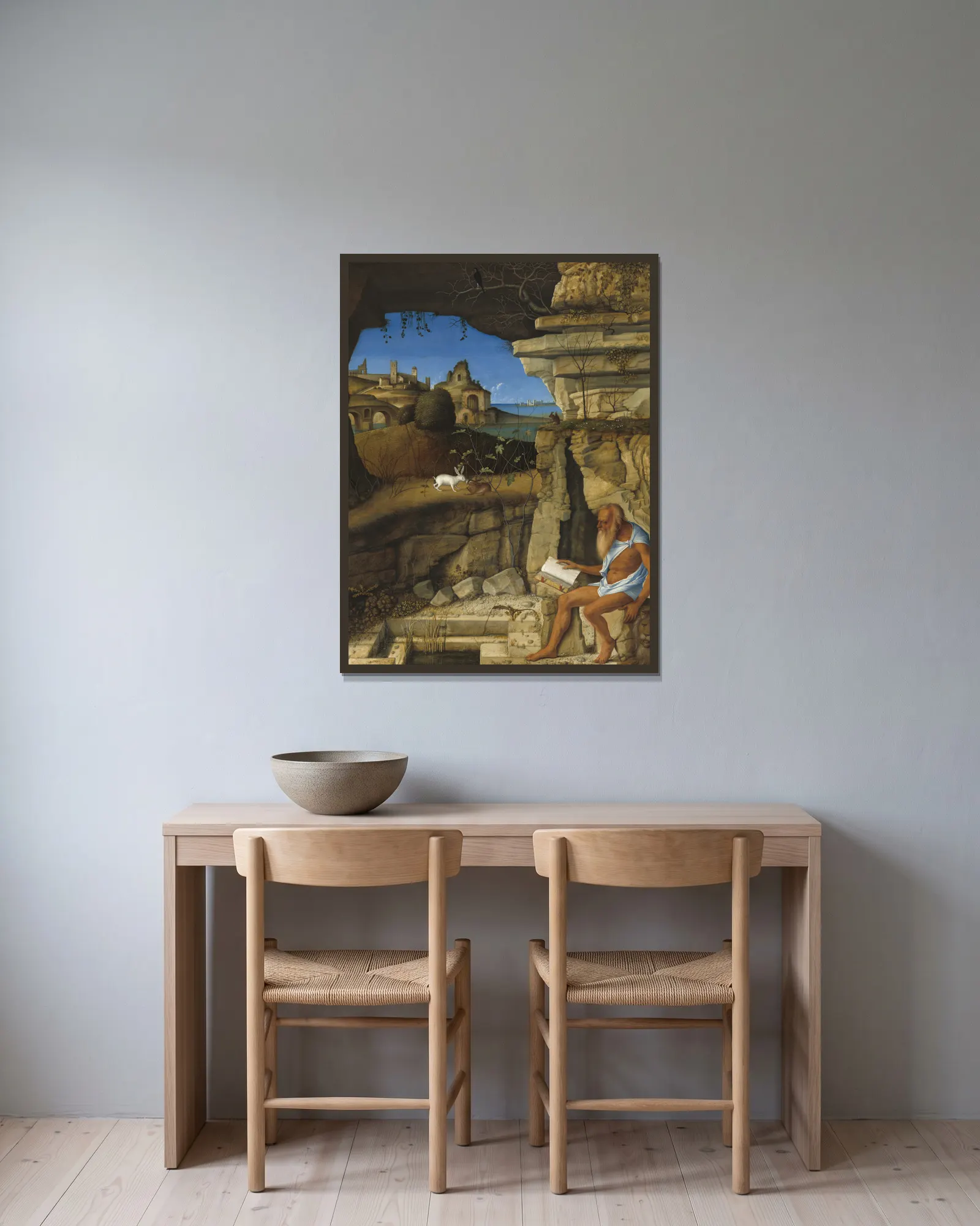 Saint Jerome Reading av Giovanni Bellini inramad på en vägg