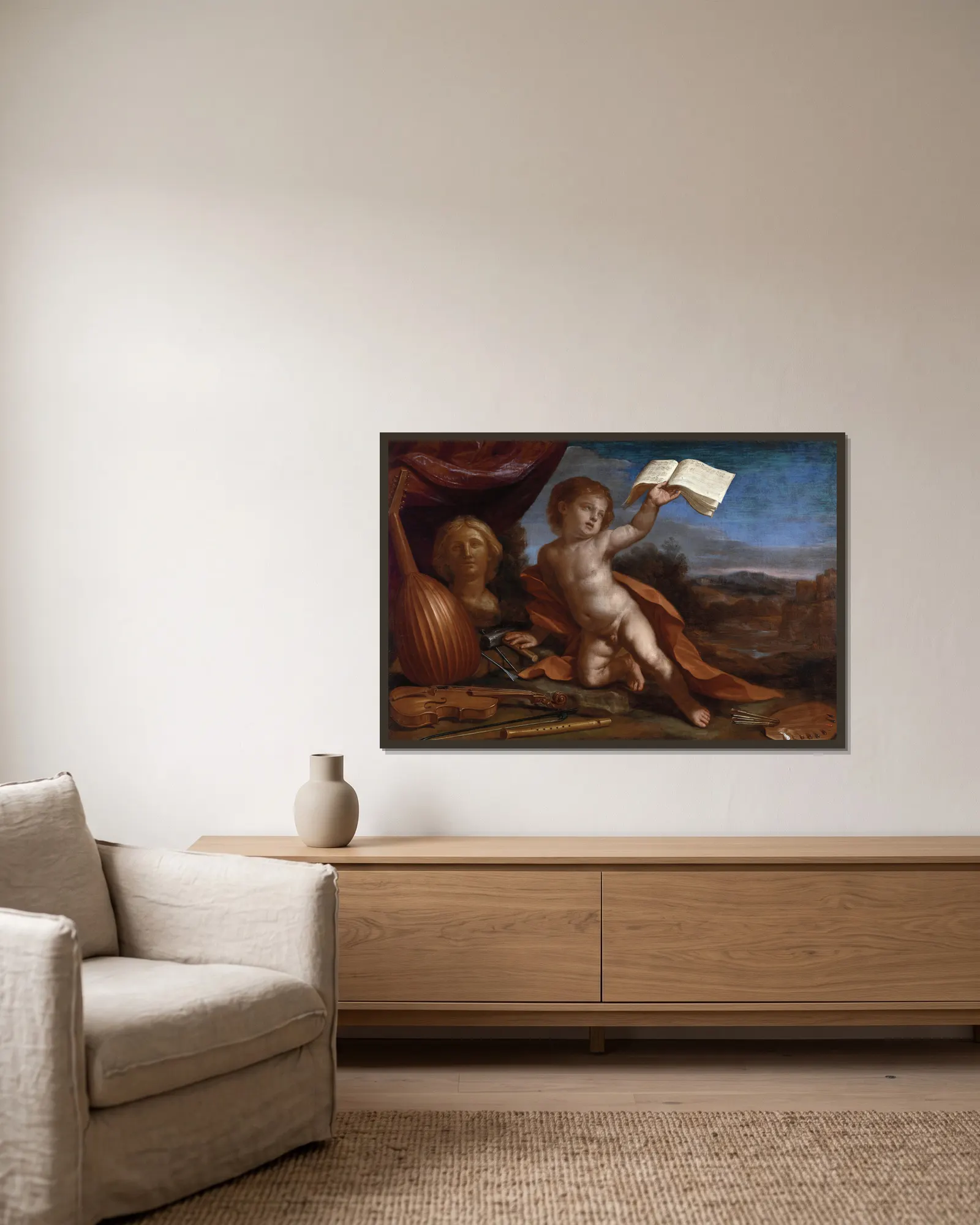 L’amore virtuoso av Guercino inramad på en vägg