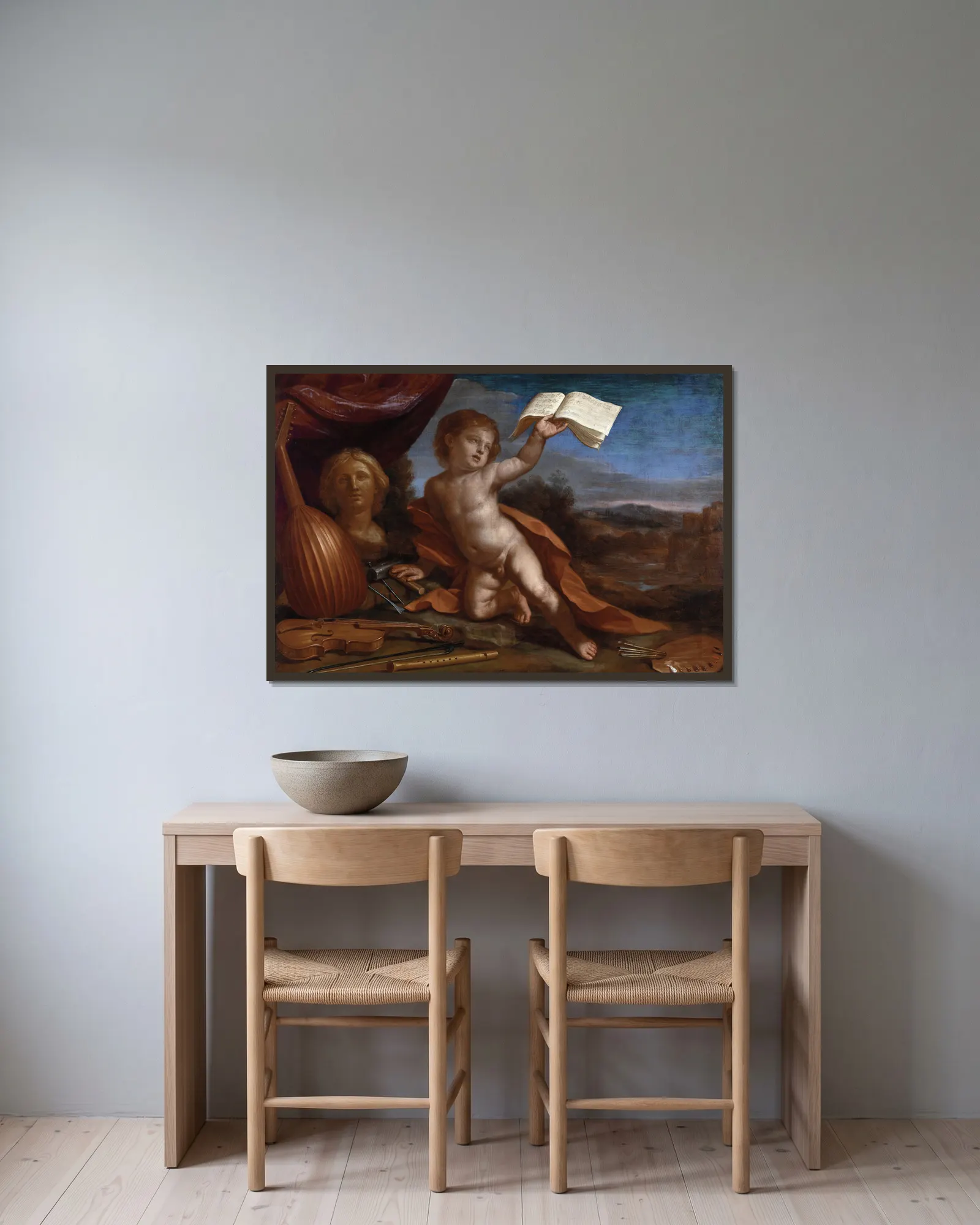 L’amore virtuoso av Guercino inramad på en vägg