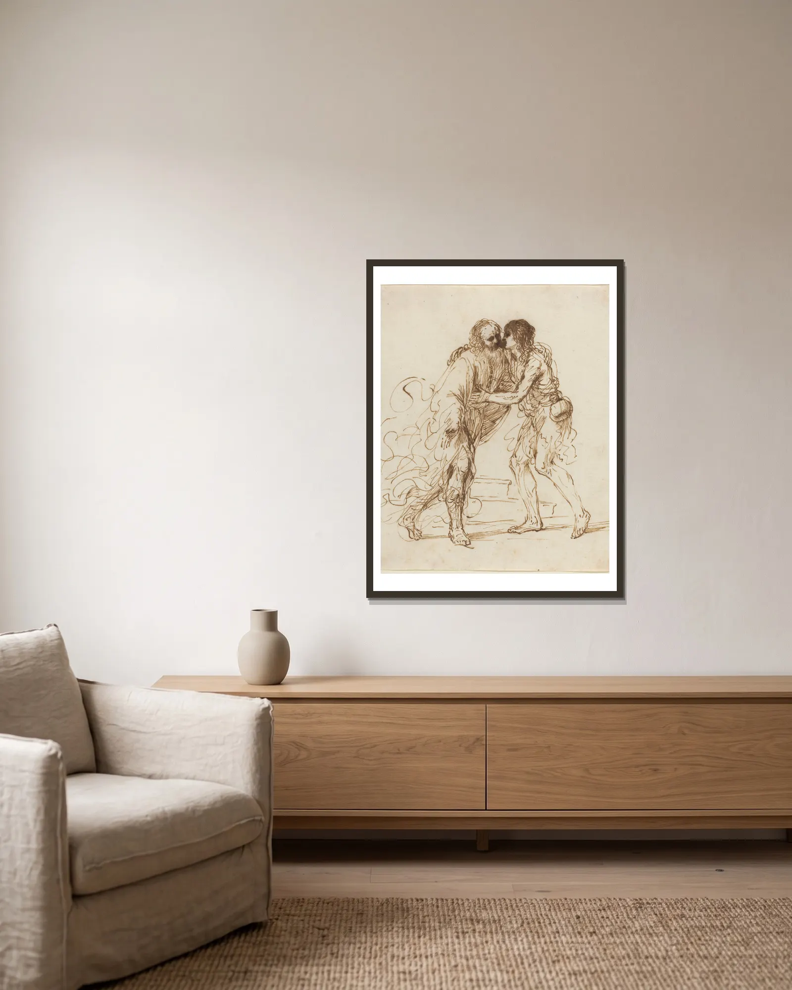 The Return of the Prodigal Son av Guercino inramad på en vägg