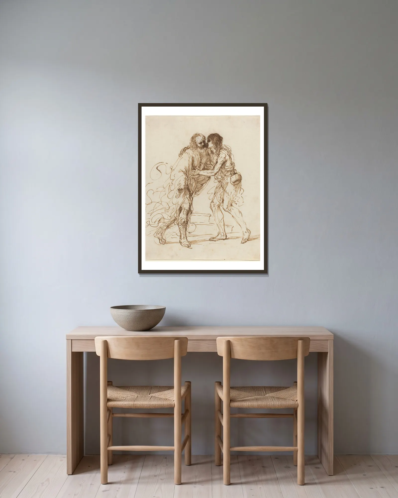 The Return of the Prodigal Son av Guercino inramad på en vägg