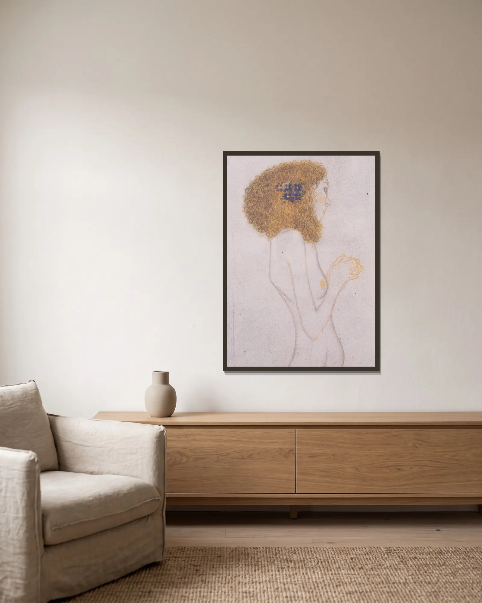 Die Leiden der schwachen Menschen av Gustav Klimt inramad på en vägg
