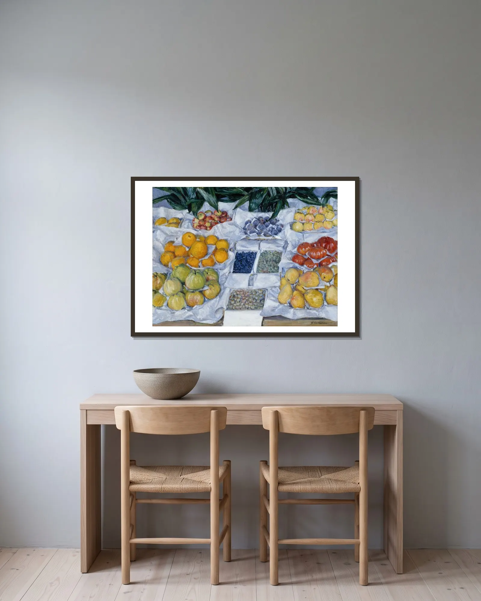 Fruit Displayed on a Stand av Gustave Caillebotte inramad på en vägg