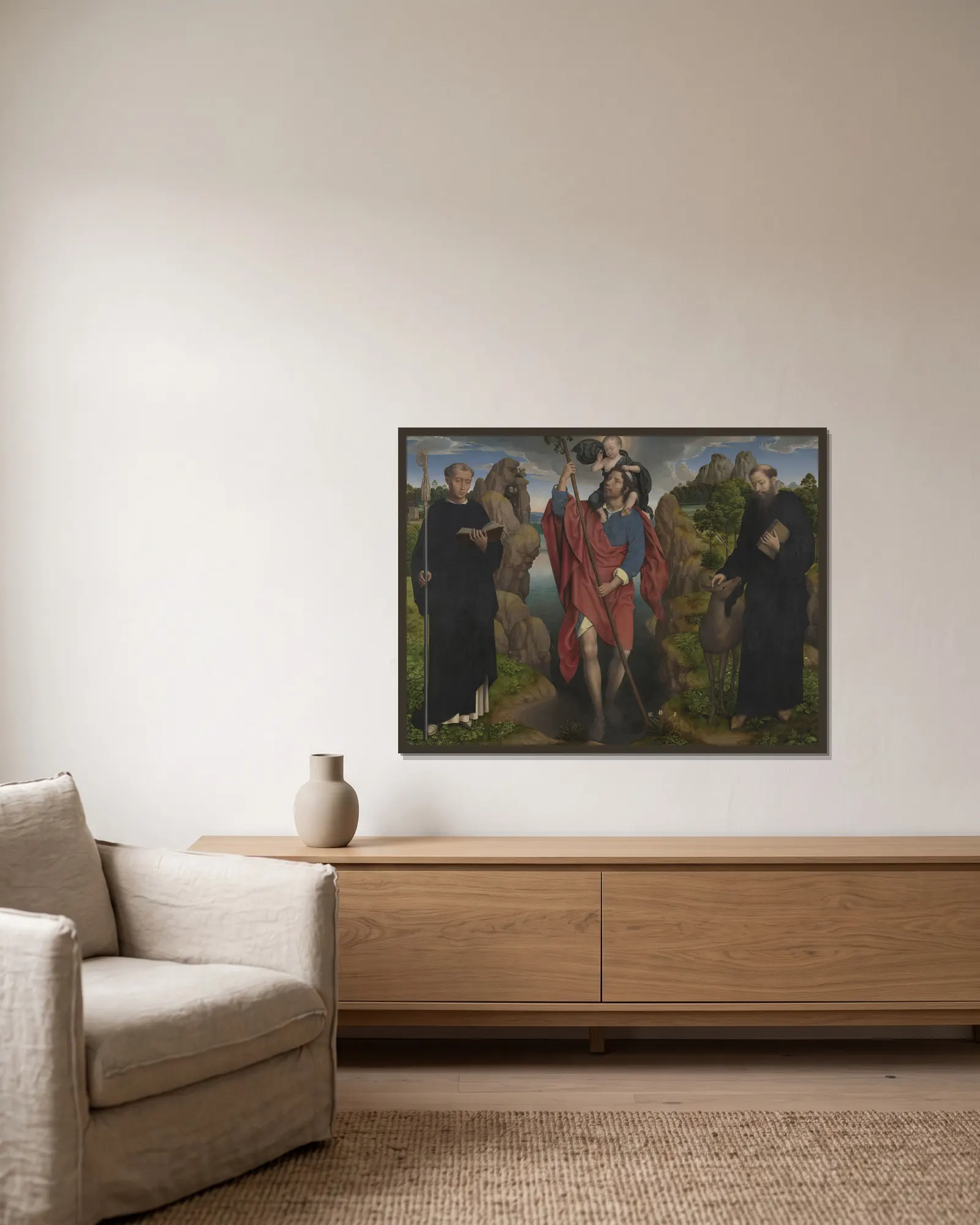 Saint Christopher with the infant Christ av Hans Memling inramad på en vägg