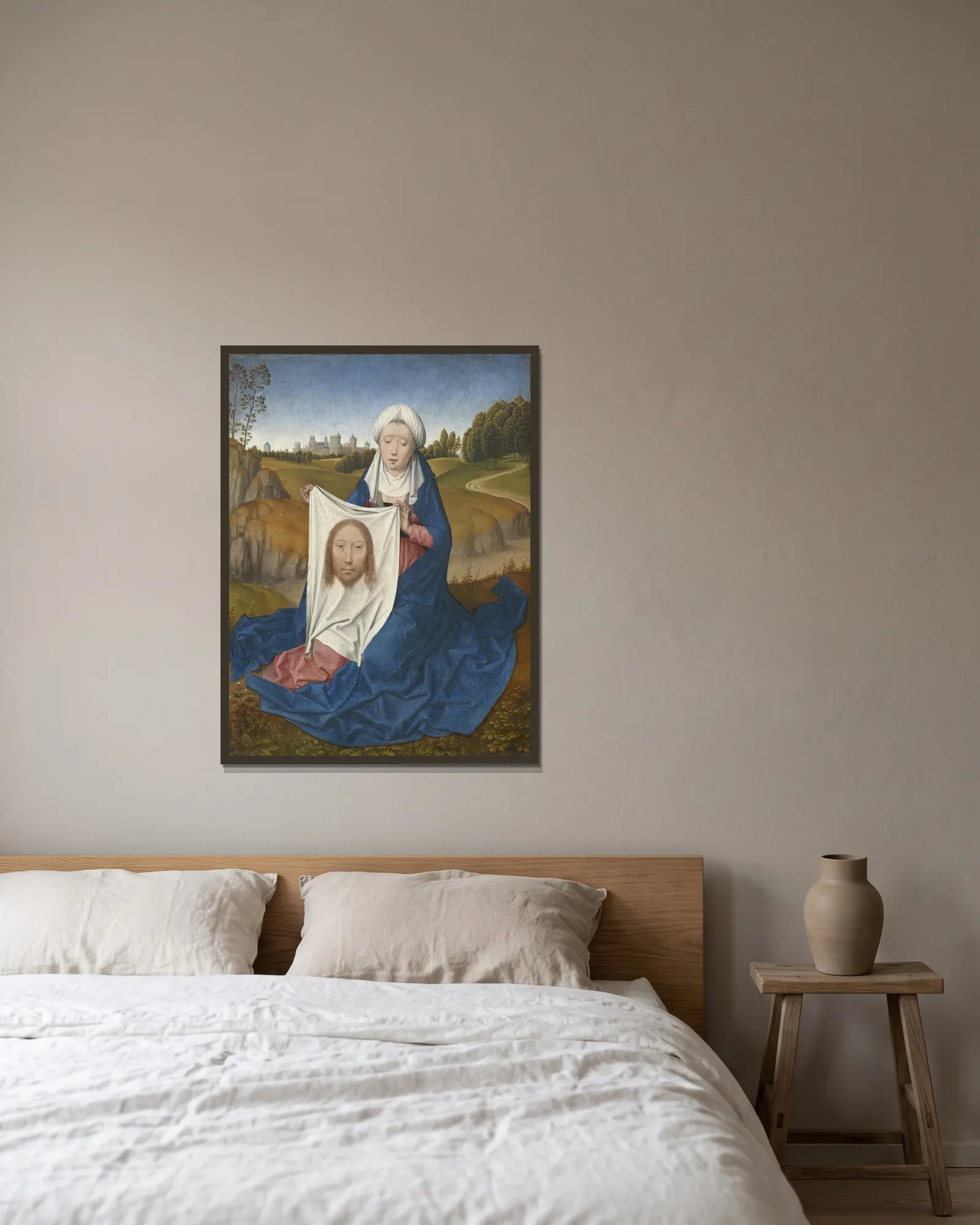 Saint Veronica (obverse) av Hans Memling inramad på en vägg