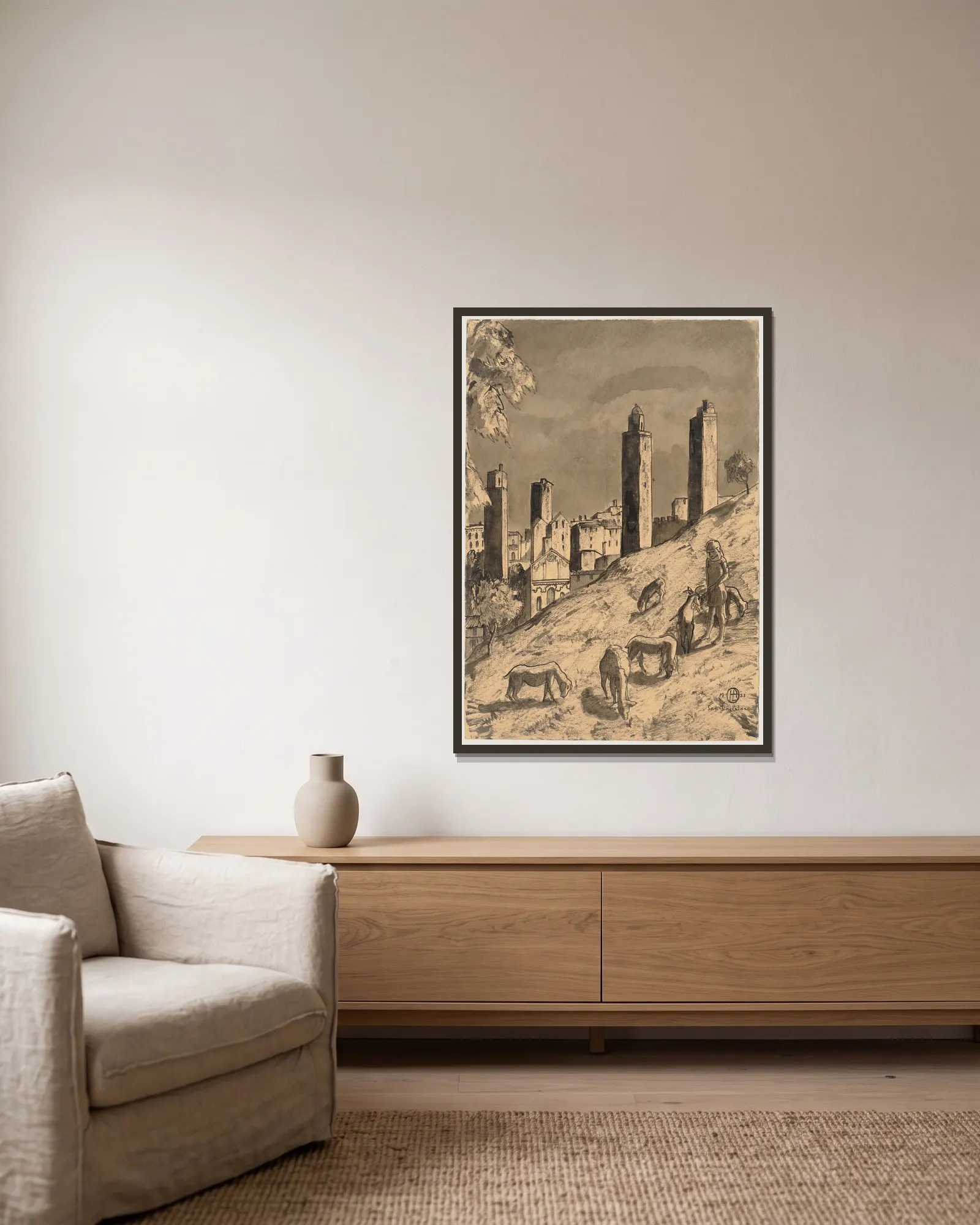 San Gimignano av Hermann Lismann inramad på en vägg