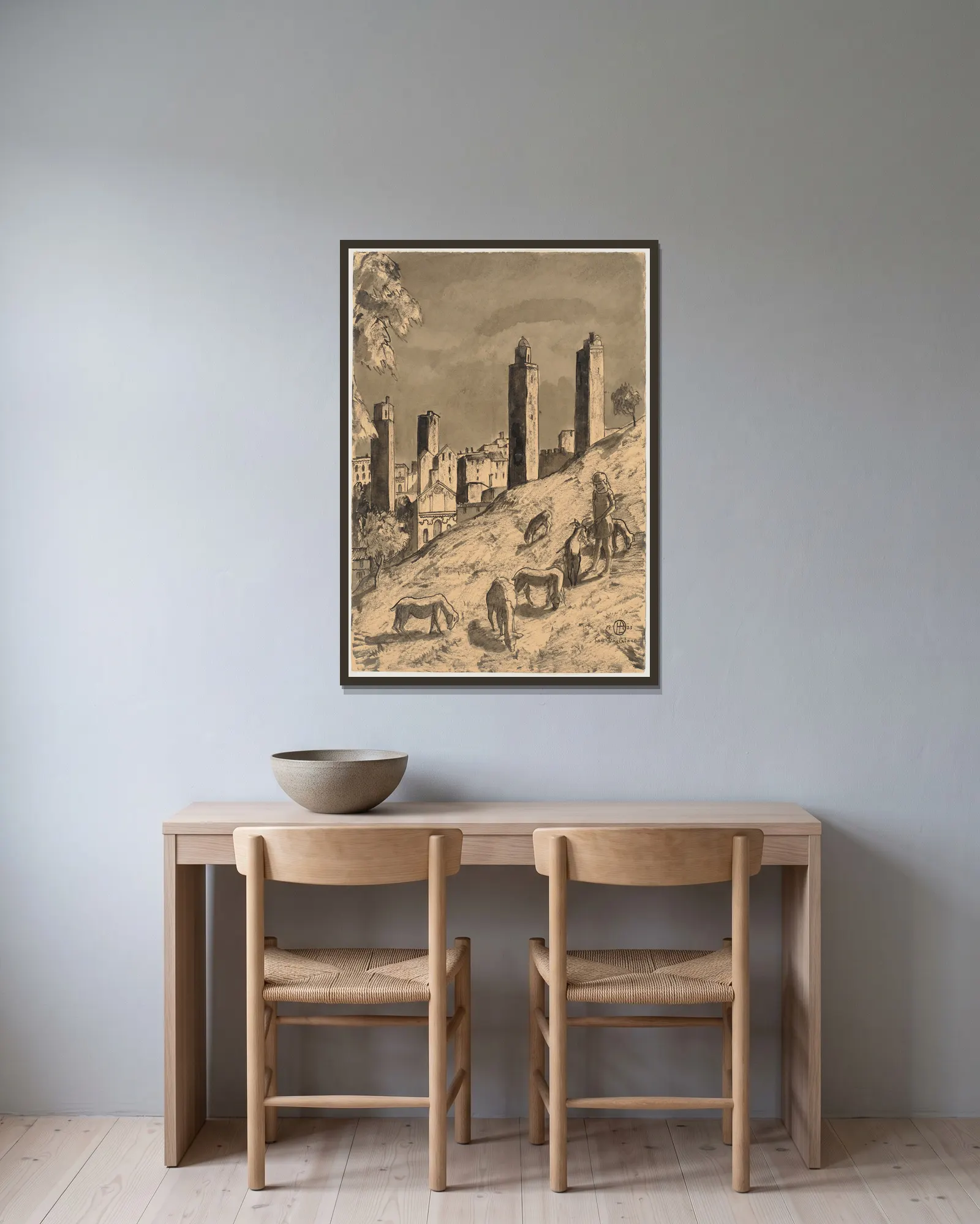 San Gimignano av Hermann Lismann inramad på en vägg