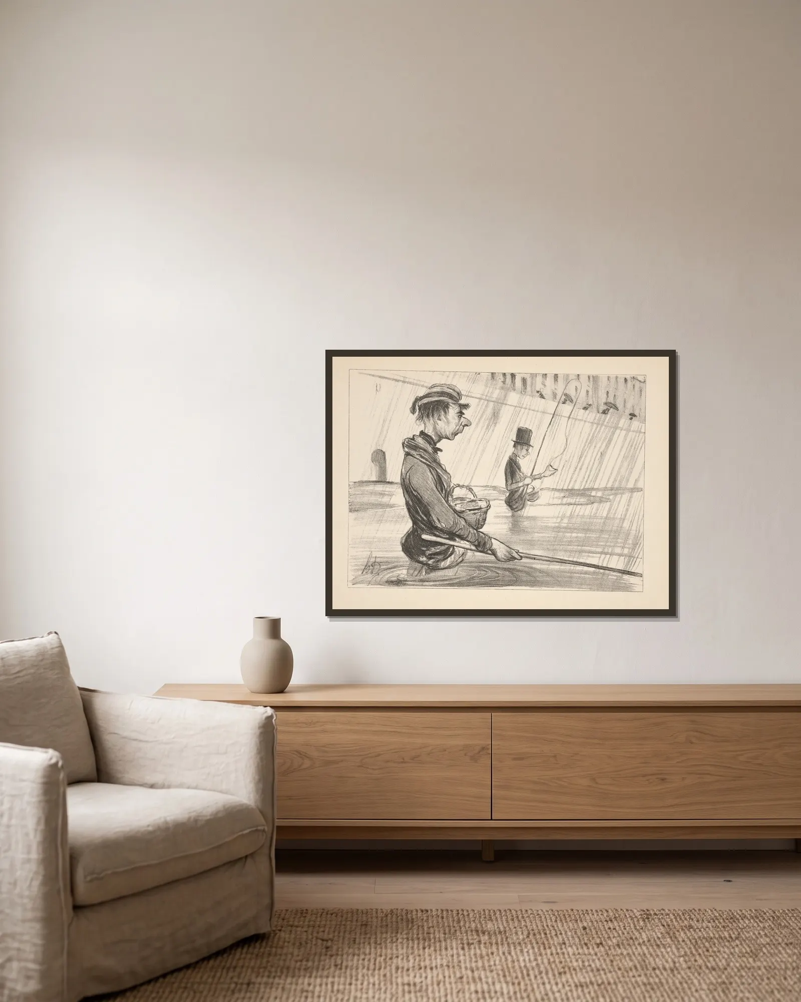 Hunting and fishing Pl.22 av Honoré Daumier inramad på en vägg