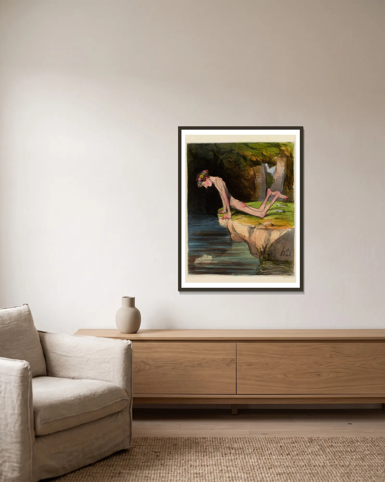 Le beau Narcisse av Honoré Daumier inramad på en vägg