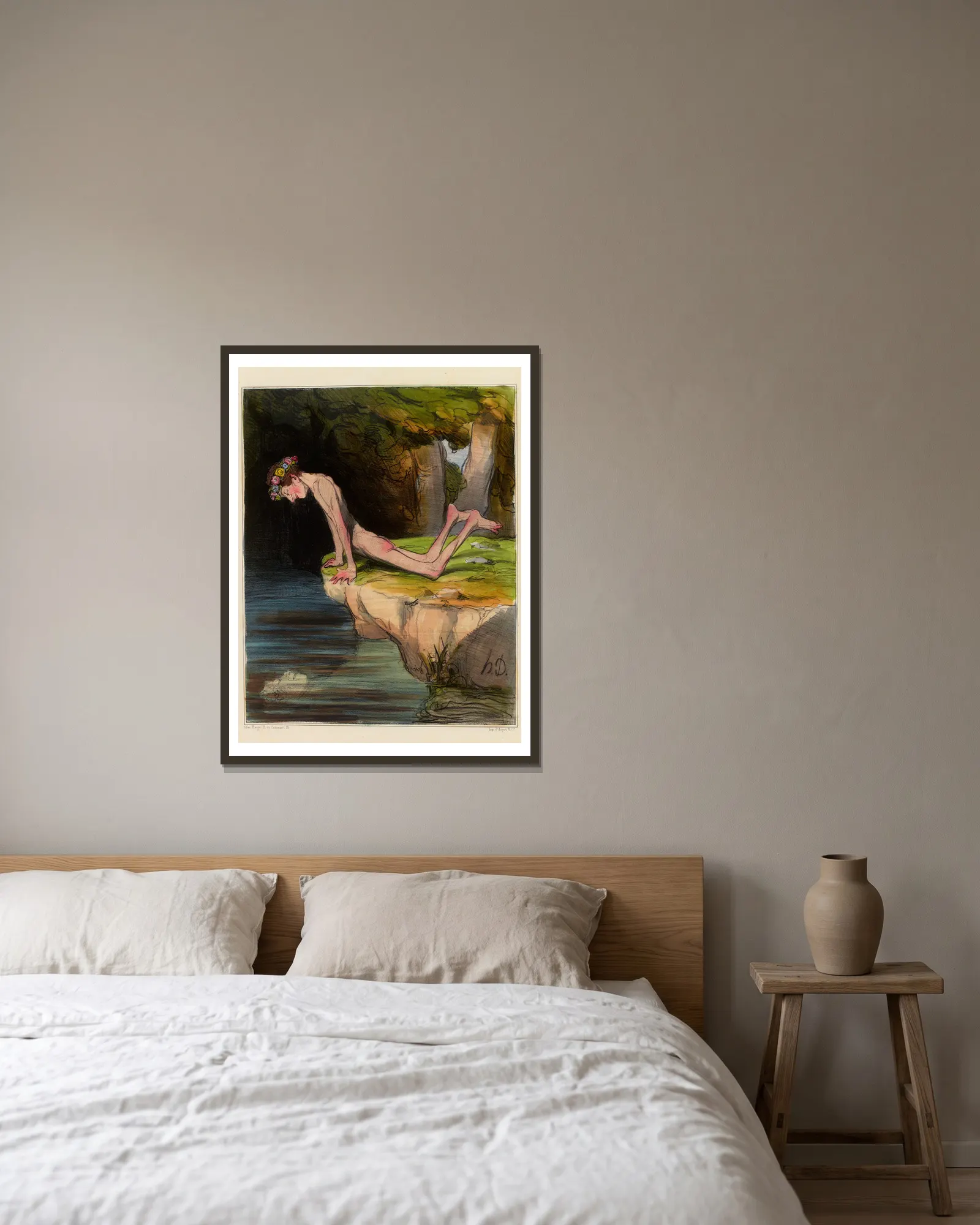 Le beau Narcisse av Honoré Daumier inramad på en vägg