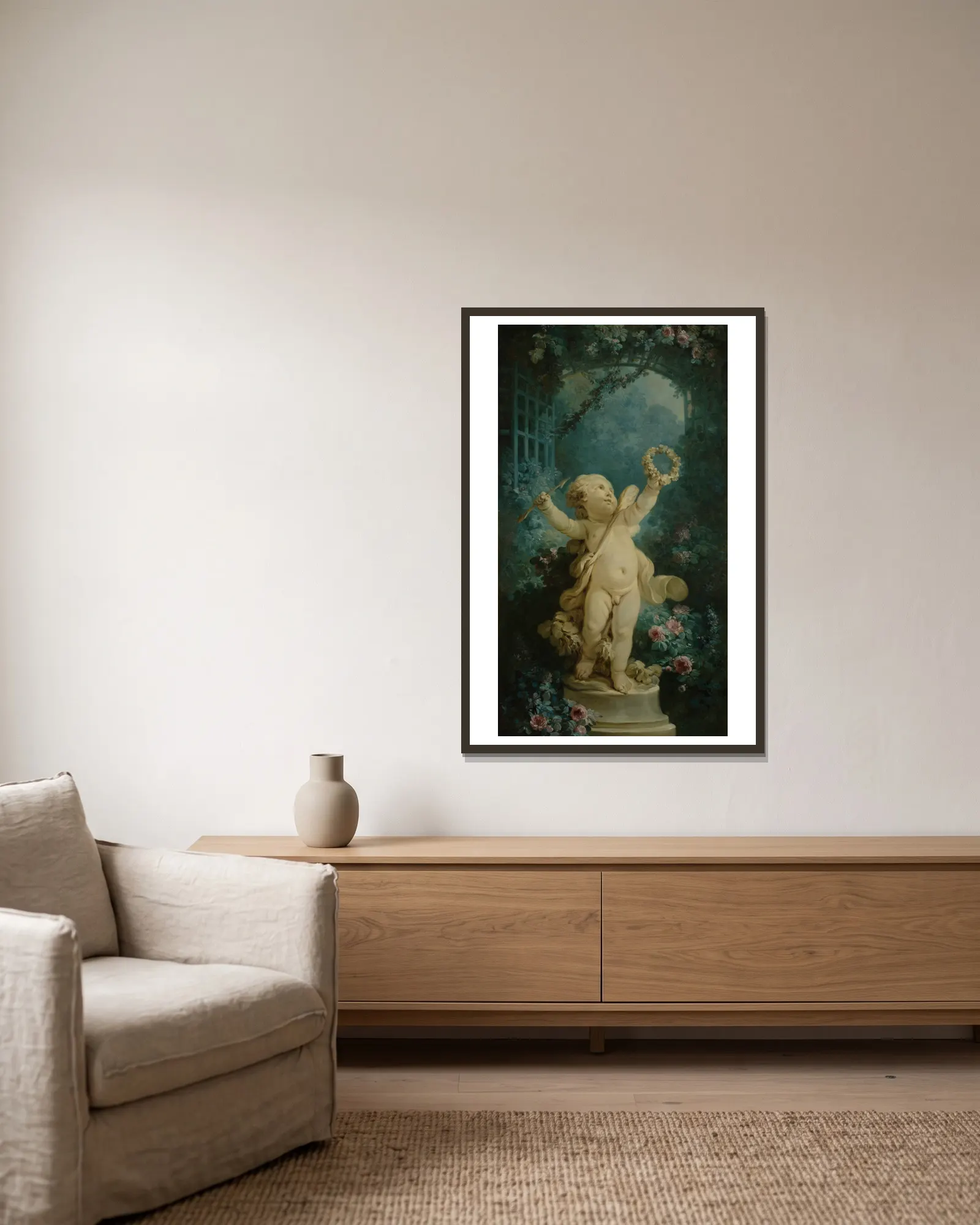 L’Amour triomphant av Jean-Honoré Fragonard inramad på en vägg
