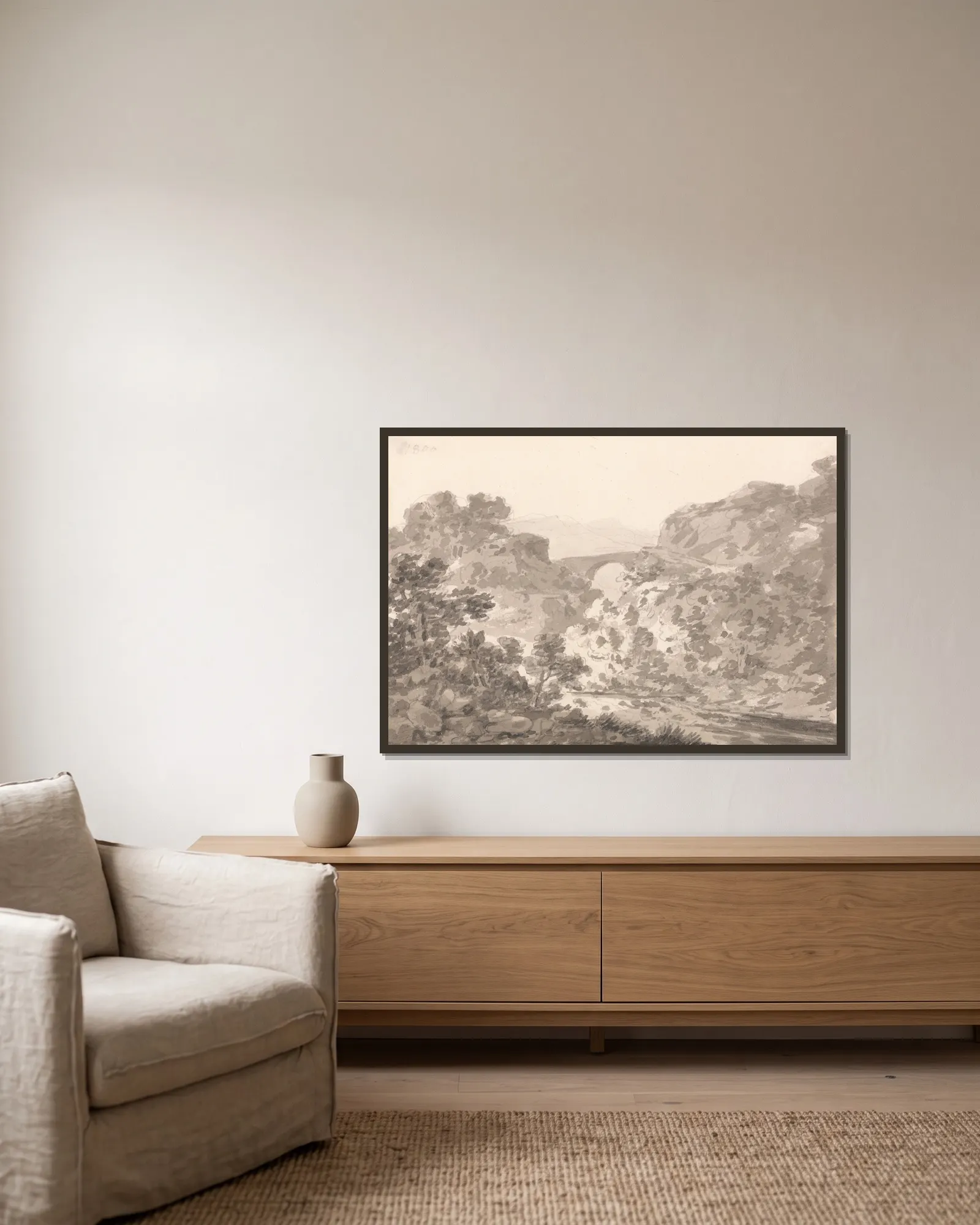 Bridge over Stream, North Wales av George Howland Beaumont inramad på en vägg