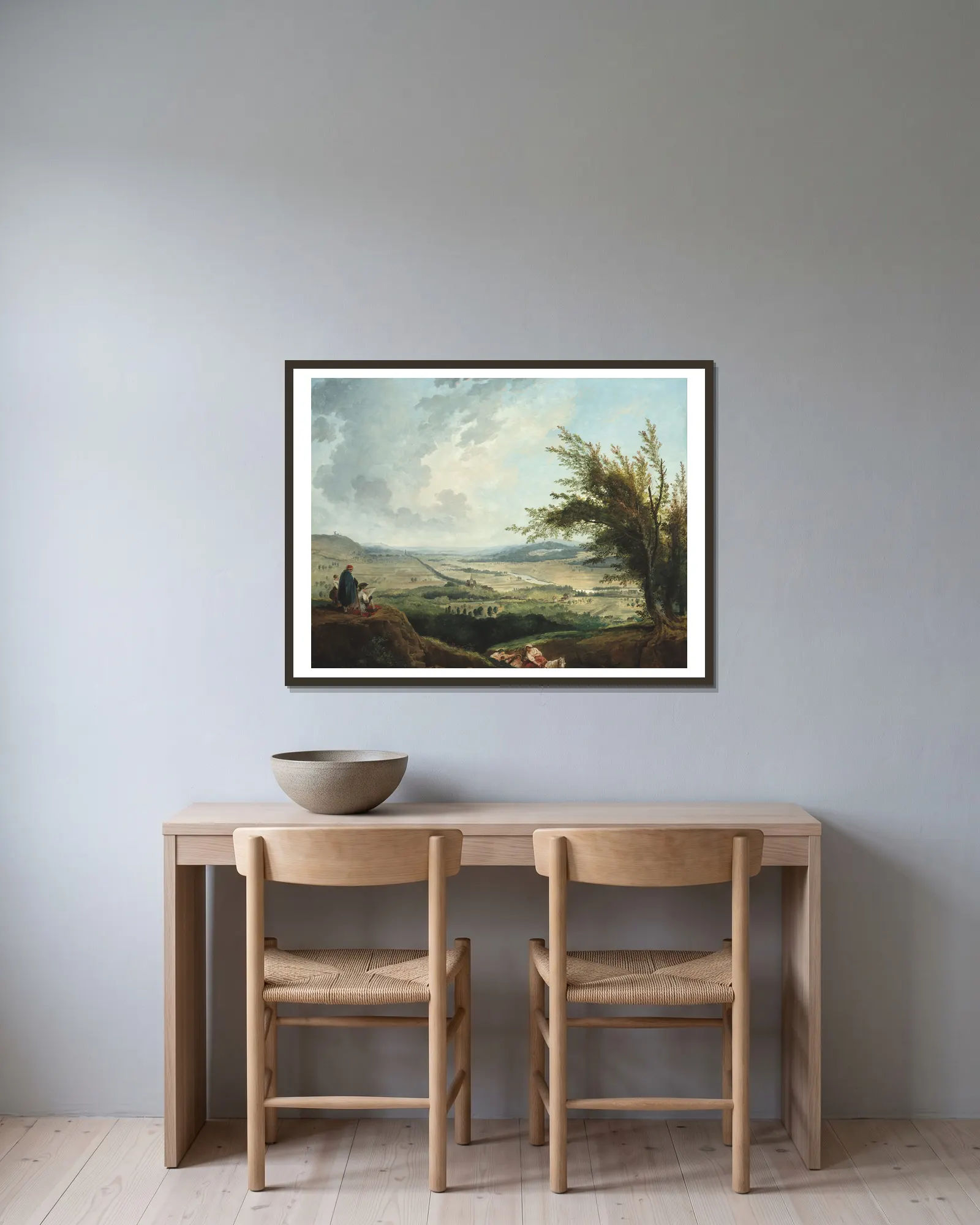 An extensive landscape near Paris av Hubert Robert inramad på en vägg