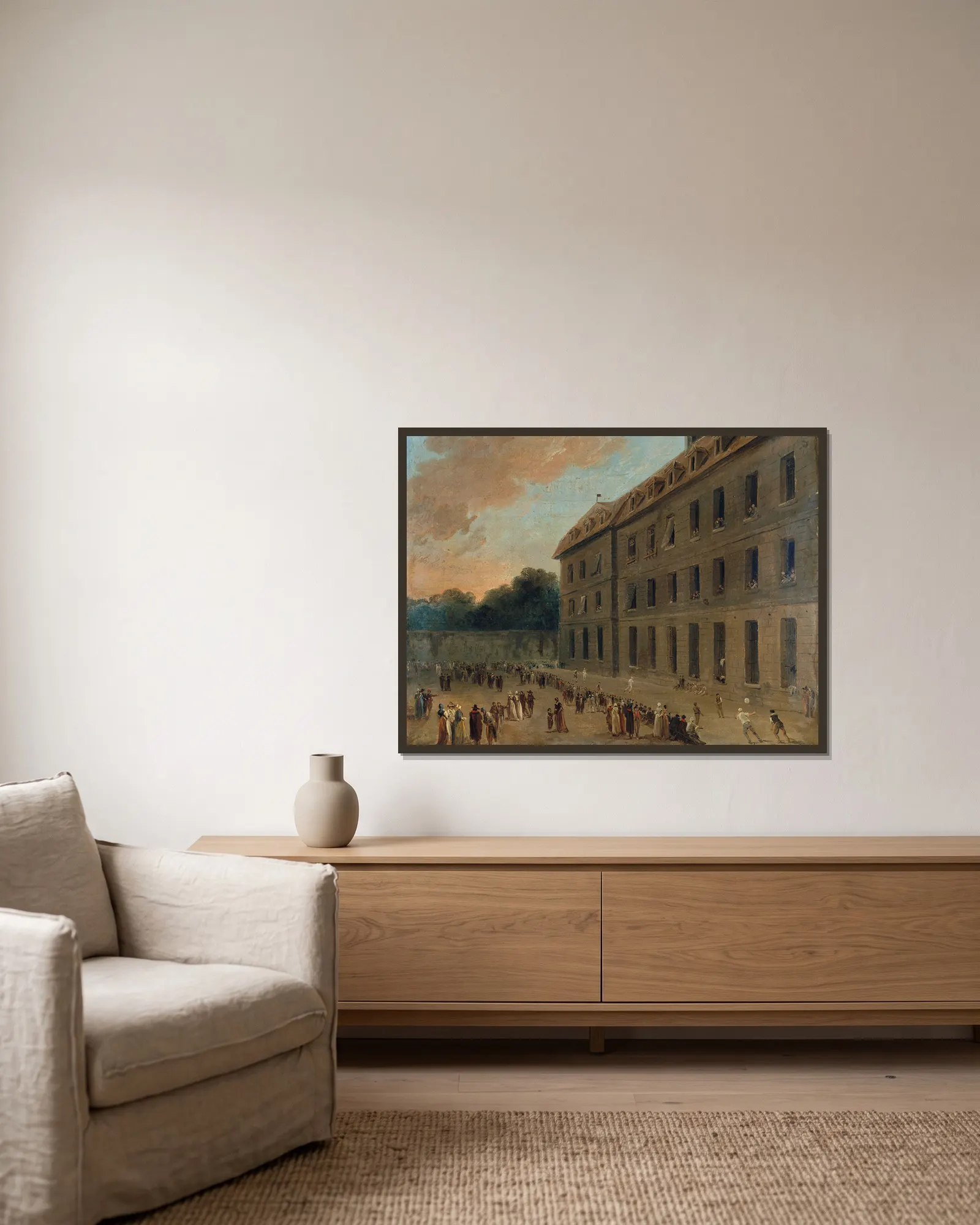 Récréation Des Prisonniers À Saint-Lazare; La Partie De Ballon av Hubert Robert inramad på en vägg