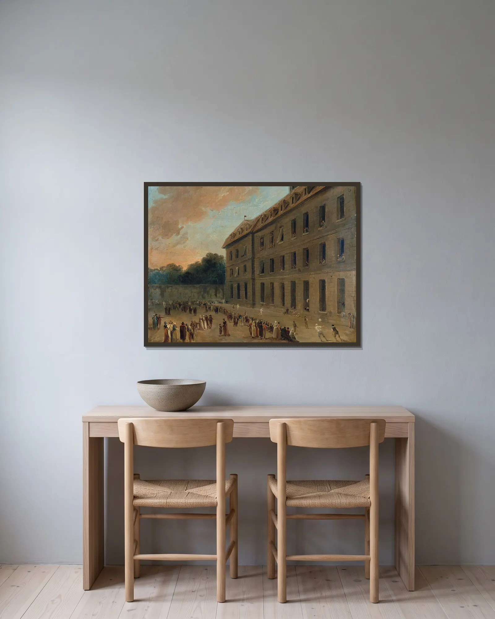 Récréation Des Prisonniers À Saint-Lazare; La Partie De Ballon av Hubert Robert inramad på en vägg