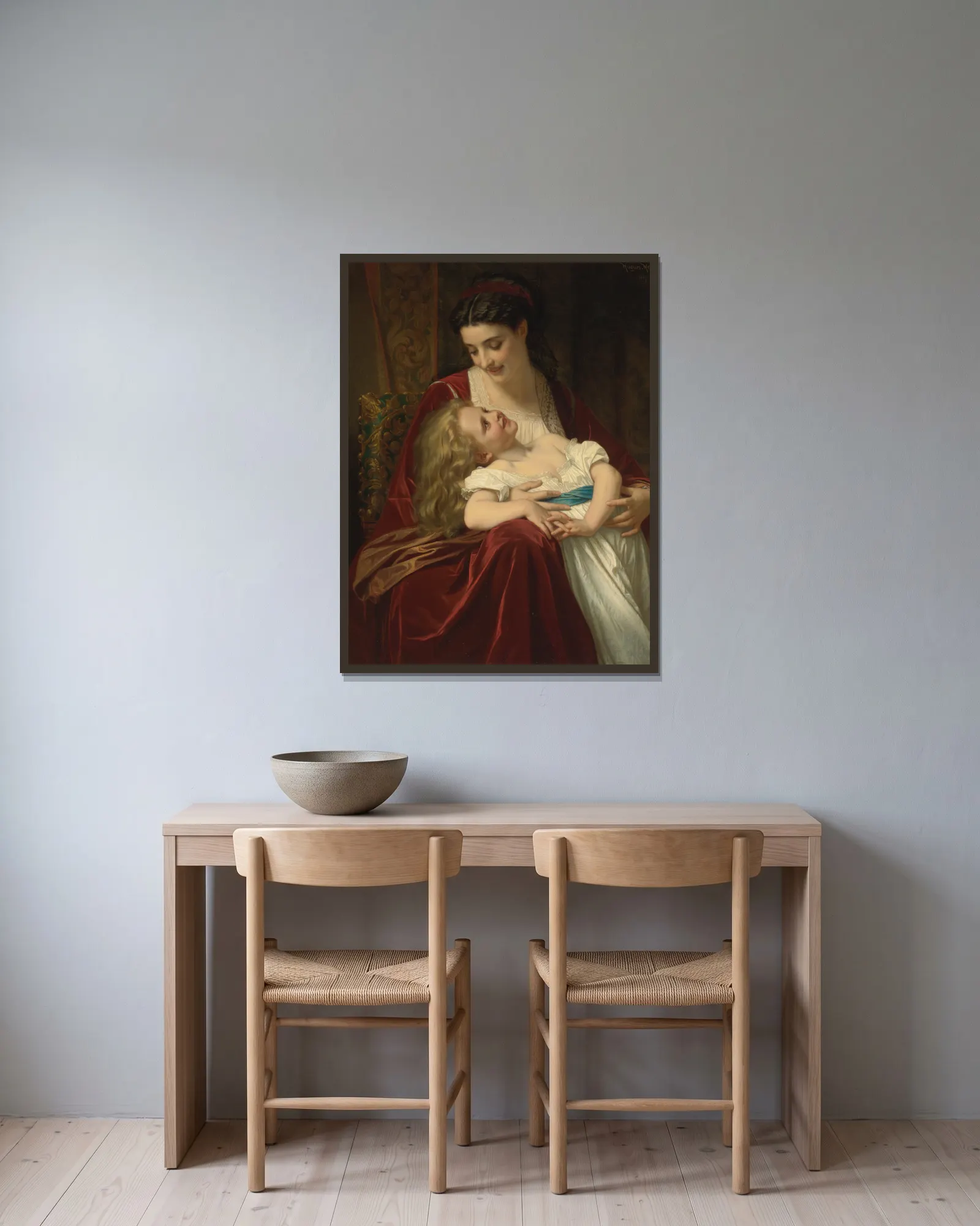 Maternal Affection av Hugues Merle inramad på en vägg
