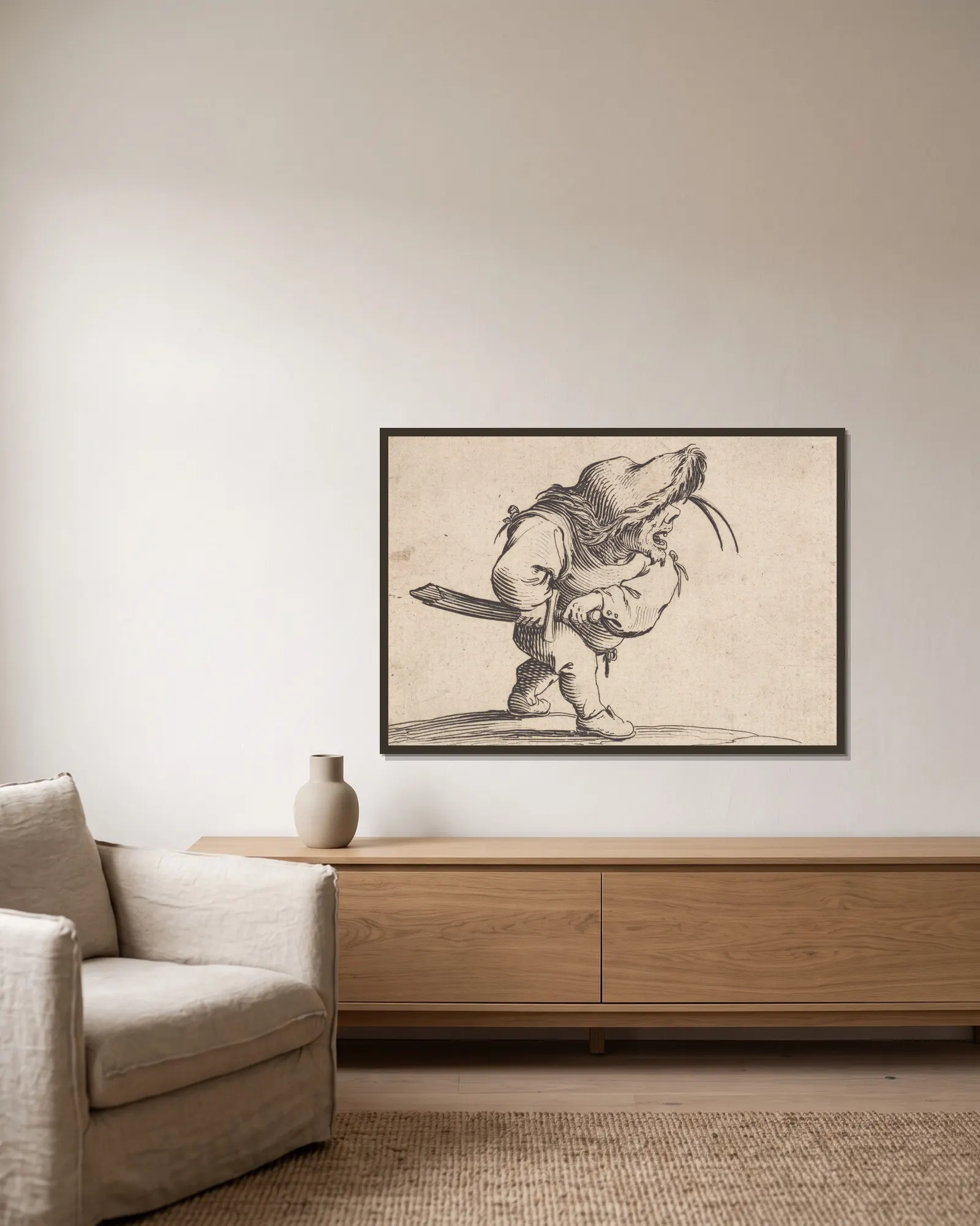 L’homme s’apprêtant a tirer son sabre av Jacques Callot inramad på en vägg