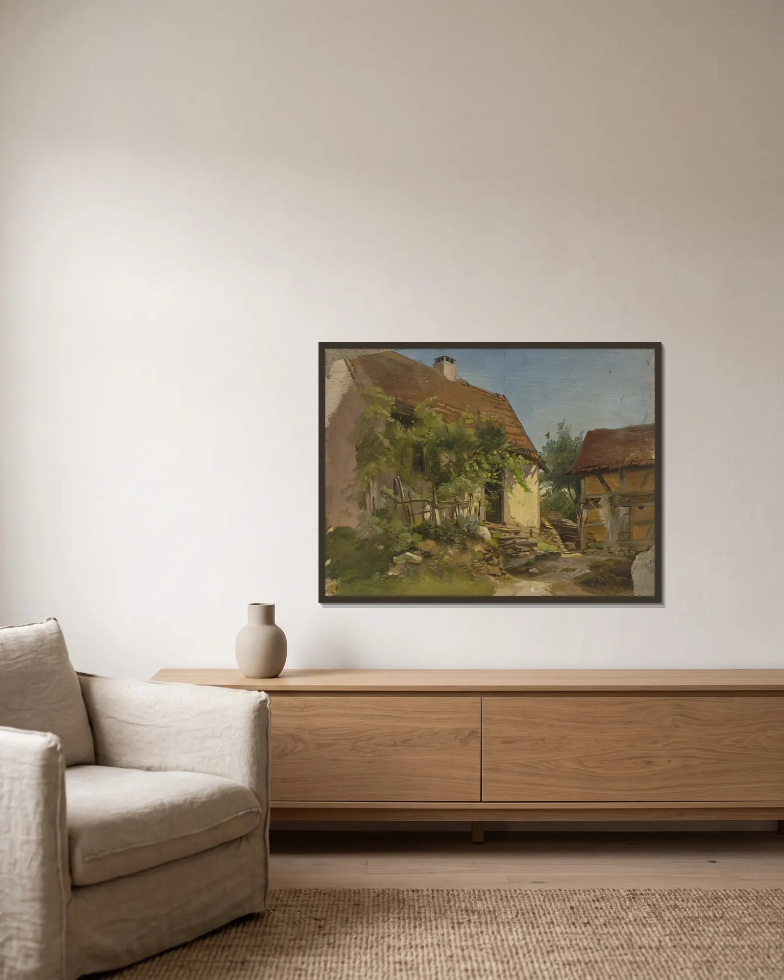 Farm house. av Jakob Becker inramad på en vägg