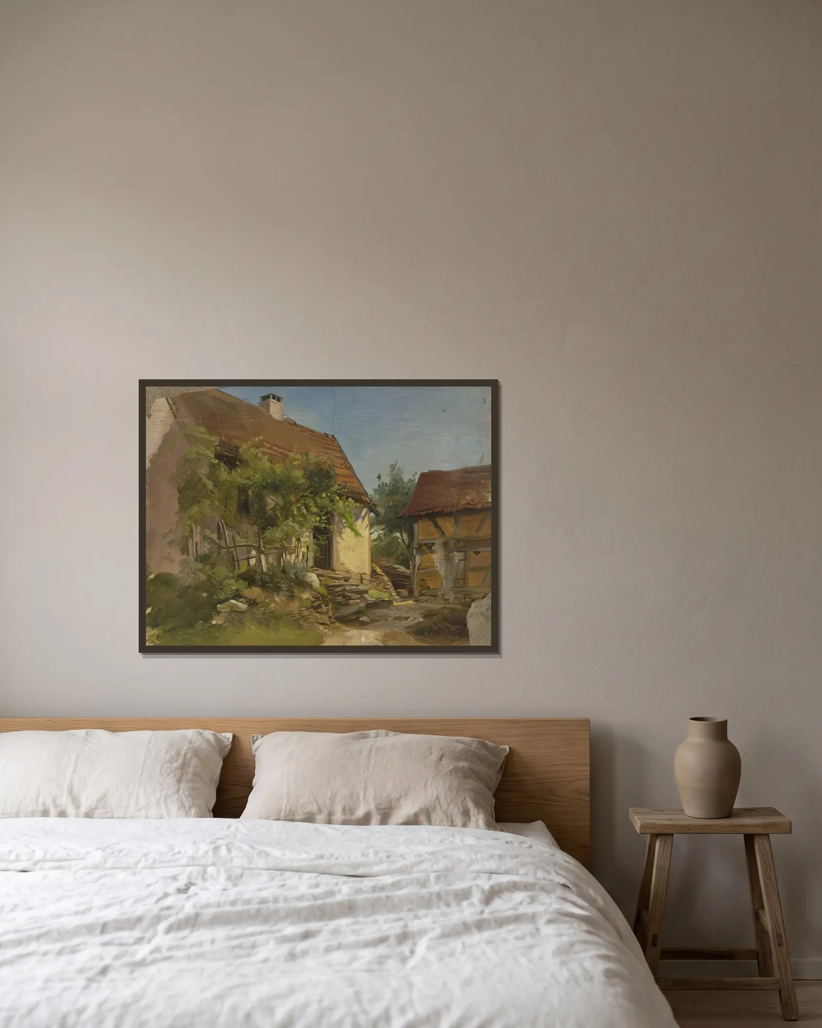 Farm house. av Jakob Becker inramad på en vägg