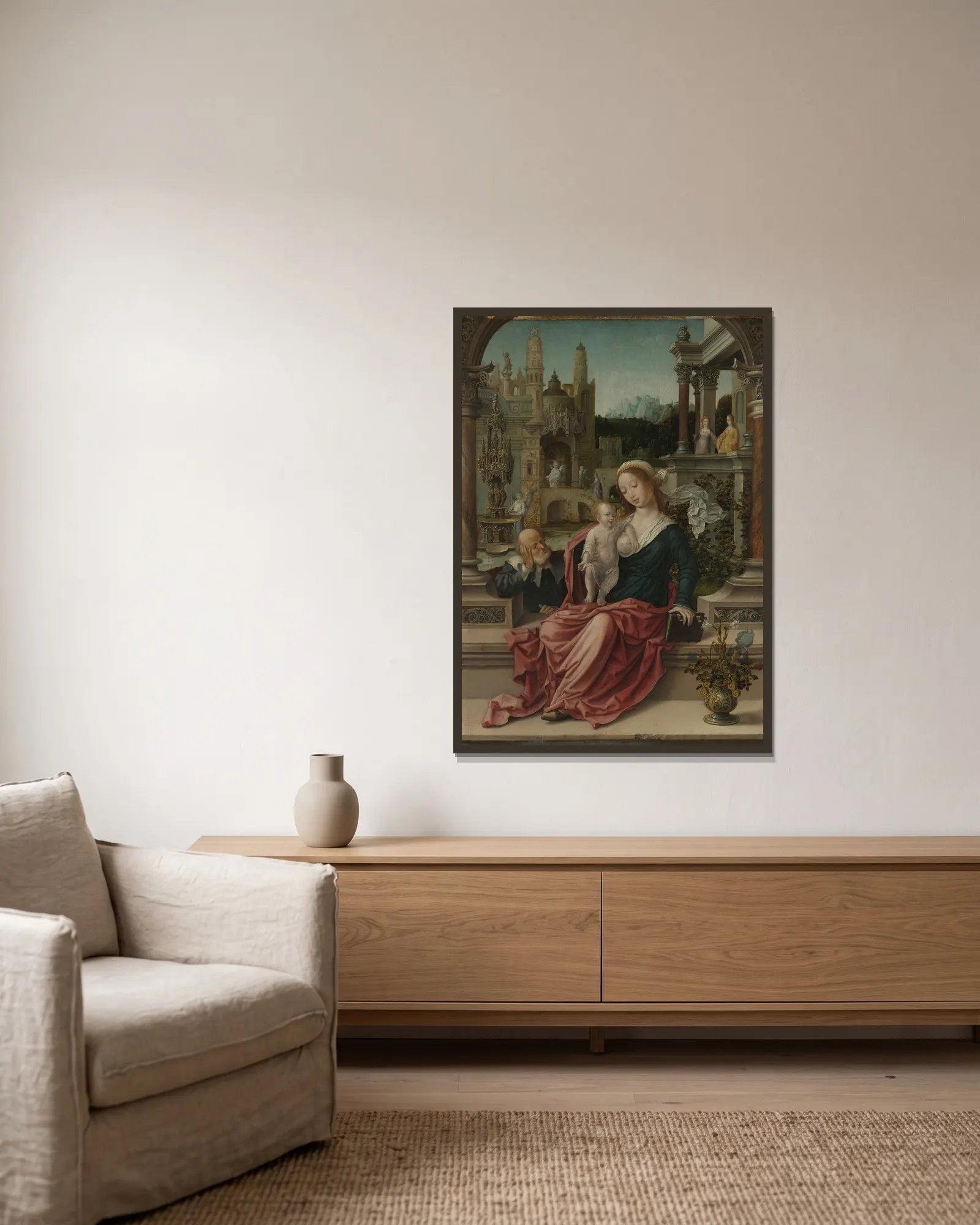 The Holy Family av Jan Gossaert inramad på en vägg