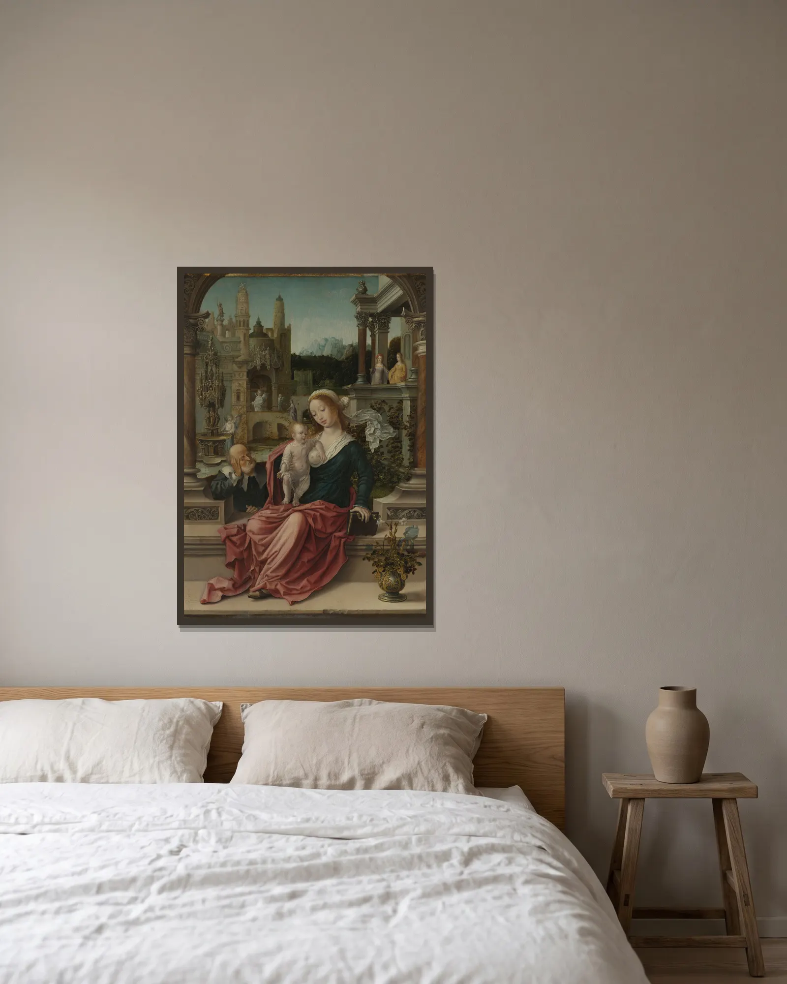 The Holy Family av Jan Gossaert inramad på en vägg