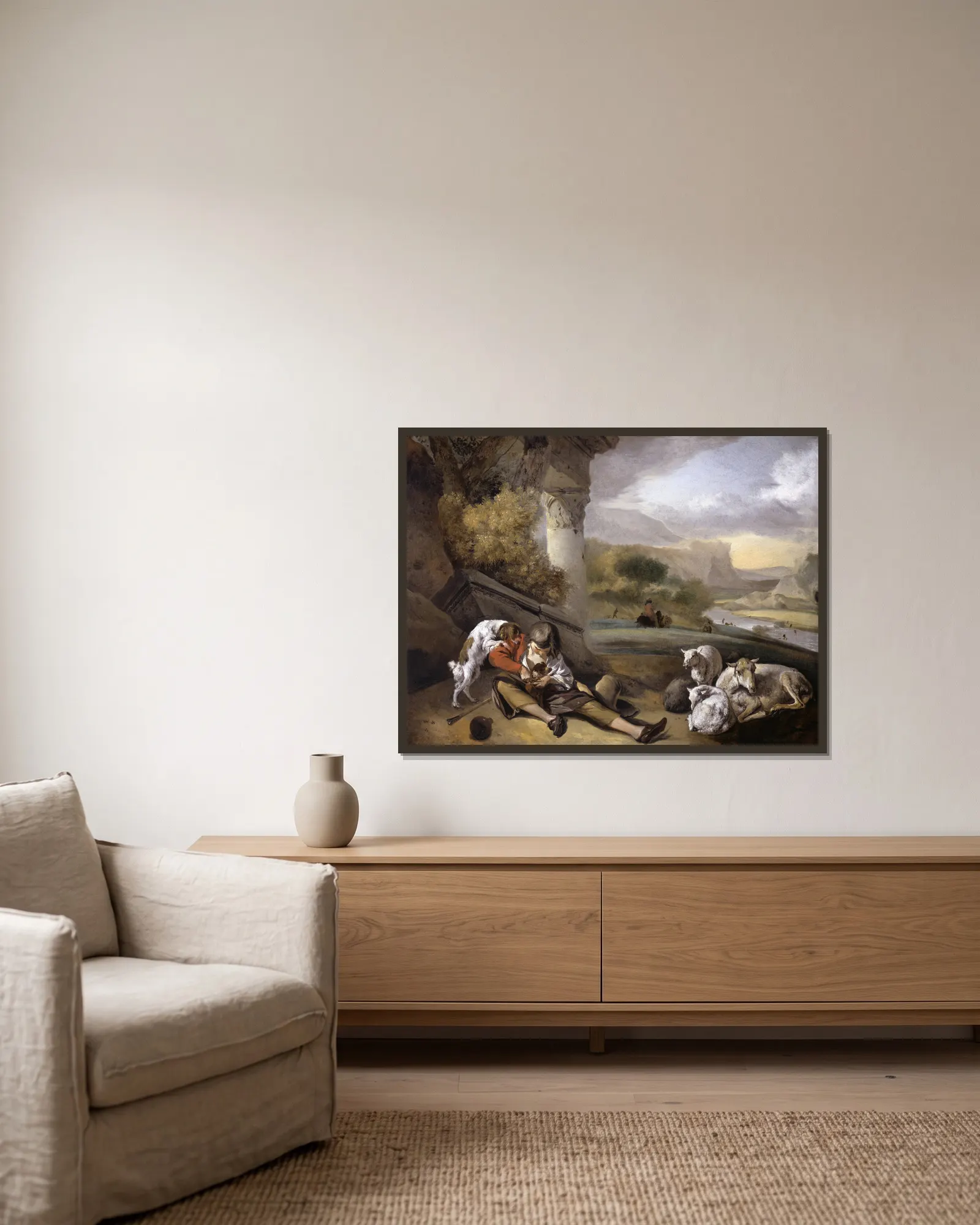 Landscape with Shepherd Boy av Jan Weenix inramad på en vägg