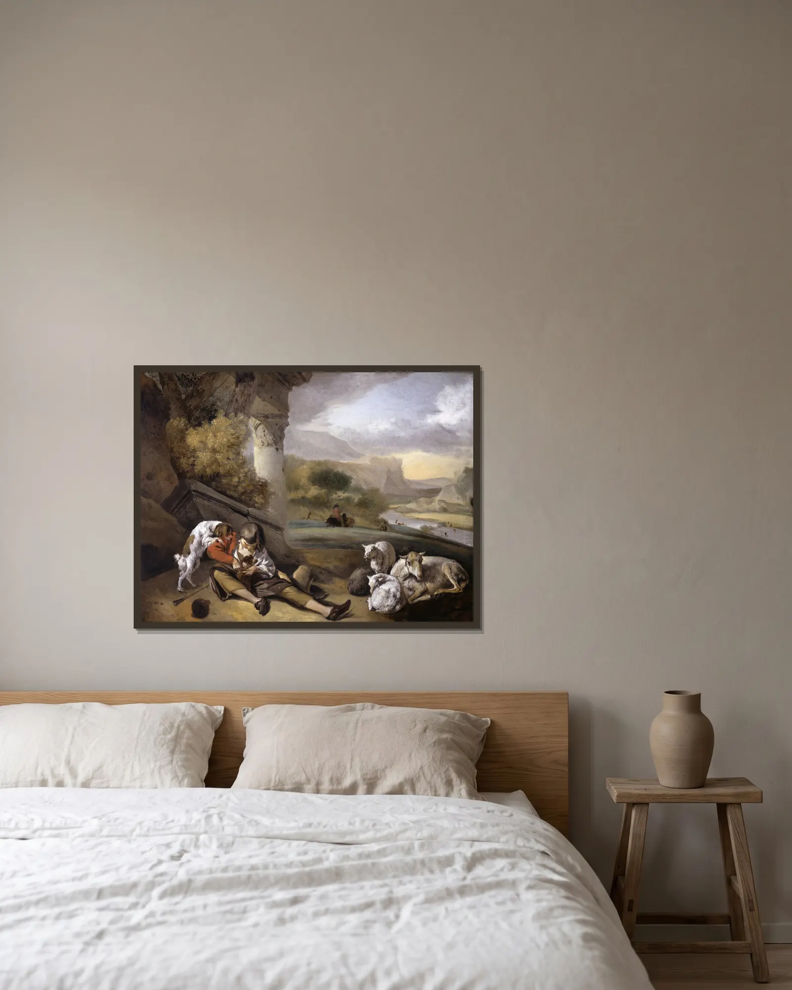 Landscape with Shepherd Boy av Jan Weenix inramad på en vägg