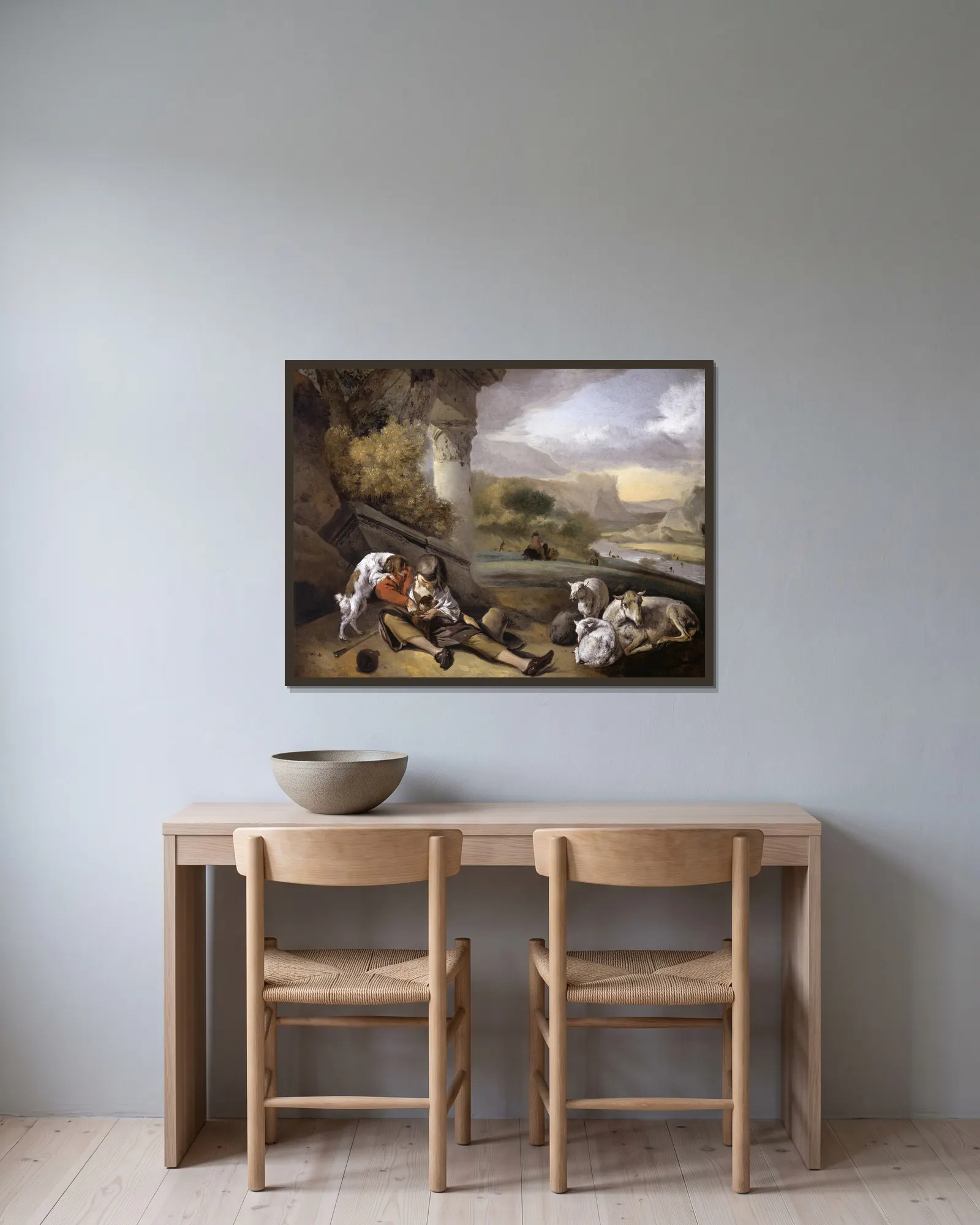 Landscape with Shepherd Boy av Jan Weenix inramad på en vägg
