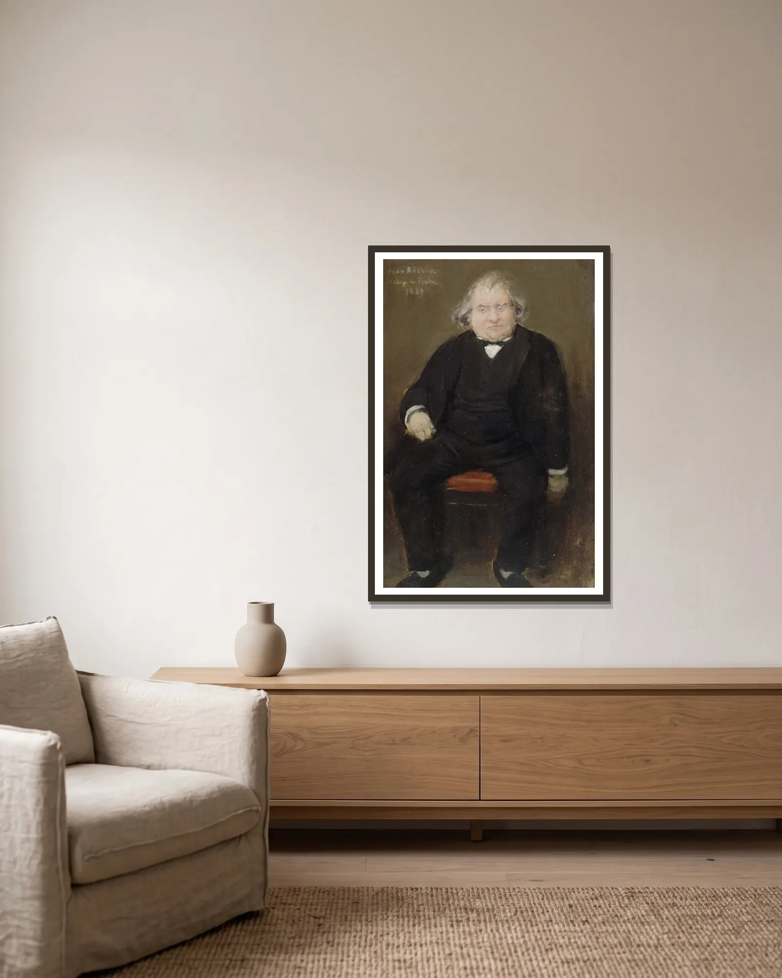 Portrait d’Ernest Renan (1823-1892), philosophe av Jean Béraud inramad på en vägg